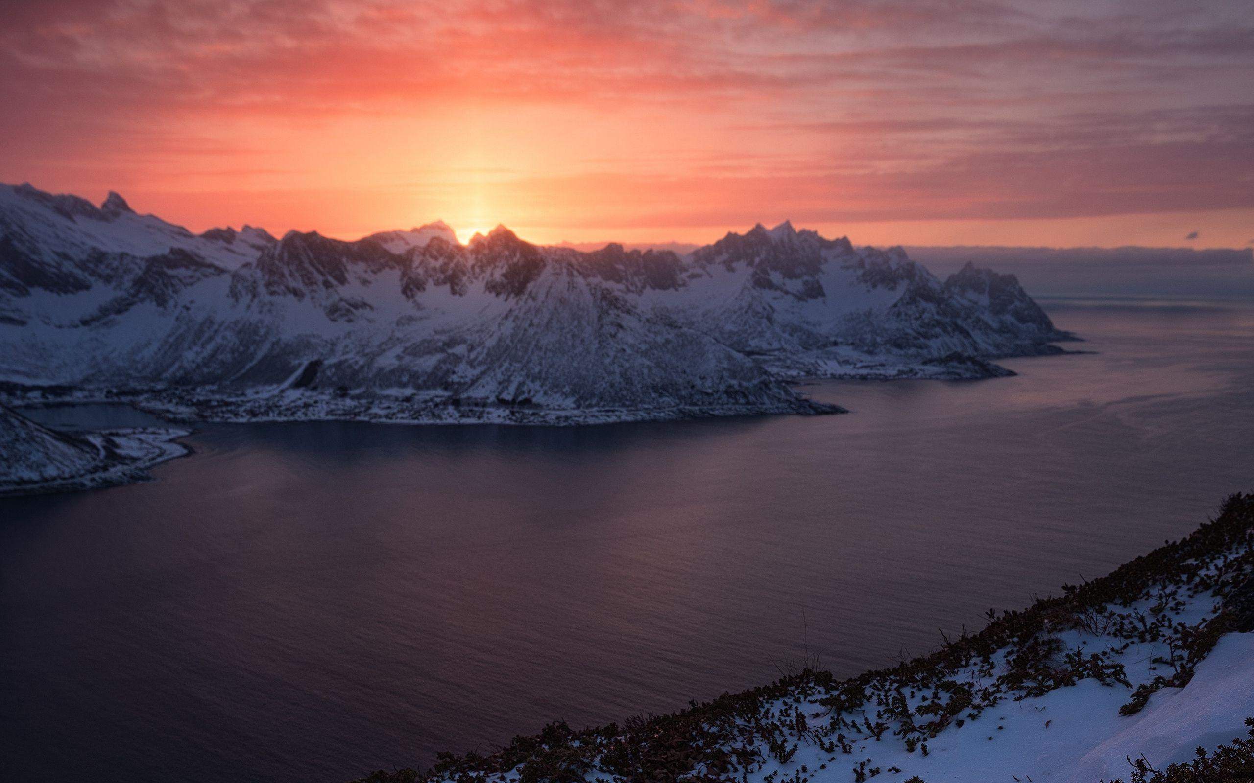 2560x1600 Download wallpaper 2560x1600 mountains, lake, snow, winter, sunset