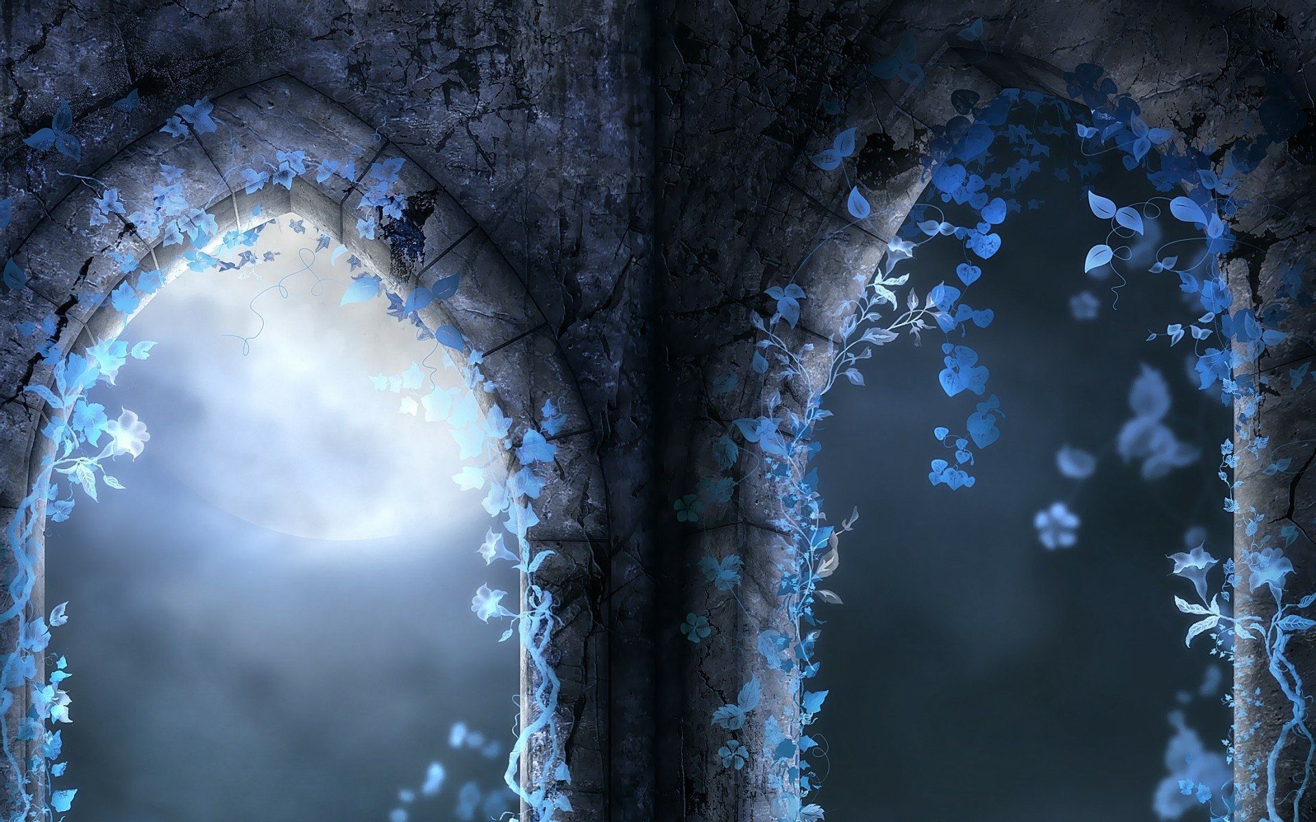 1920x1200 Moonlit Blue Vines: Gothic Archway (HD Wallpaper)