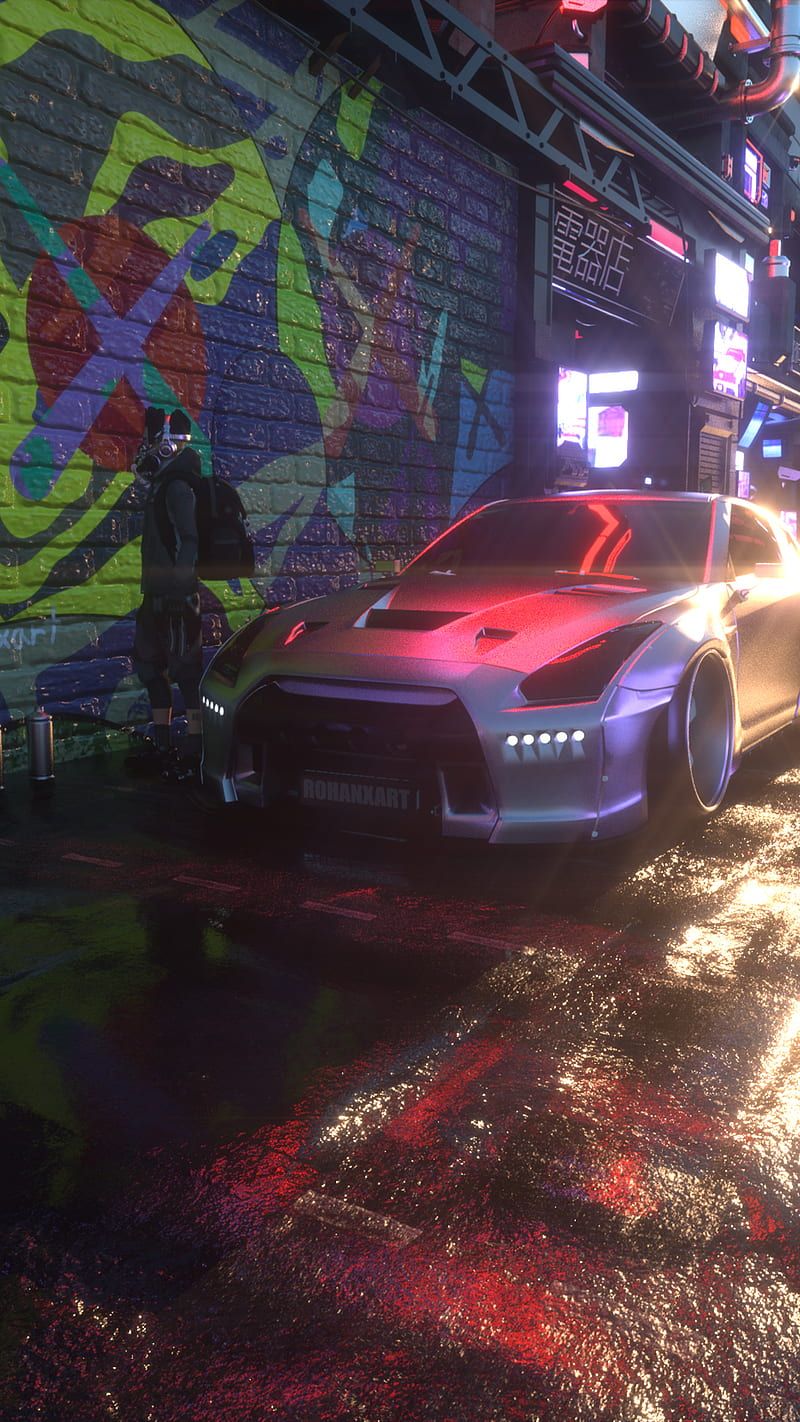 800x1422 HD cyberpunk street car wallpaper