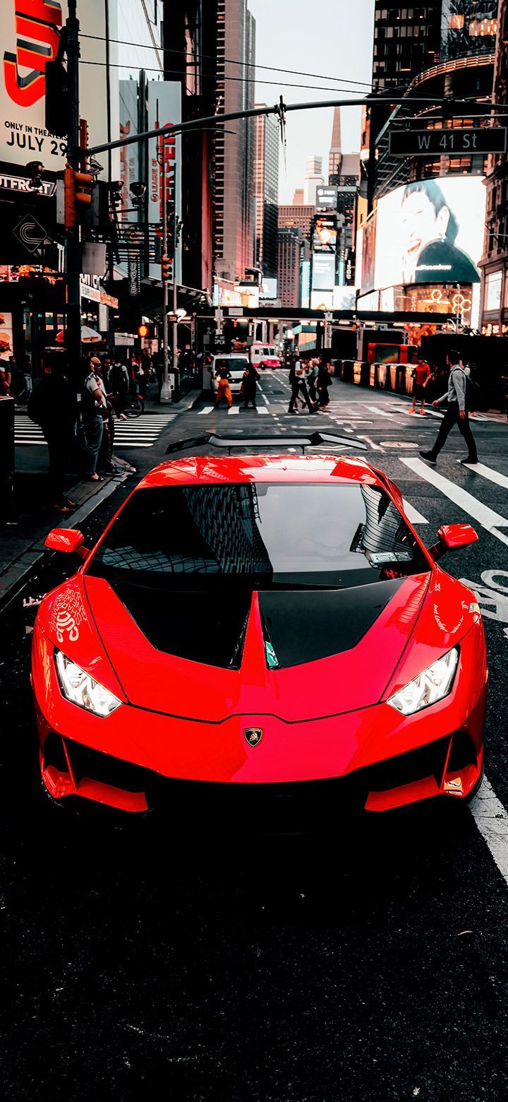 720x1560 Red Lamborghini in New York street 4K Phone Wallpaper