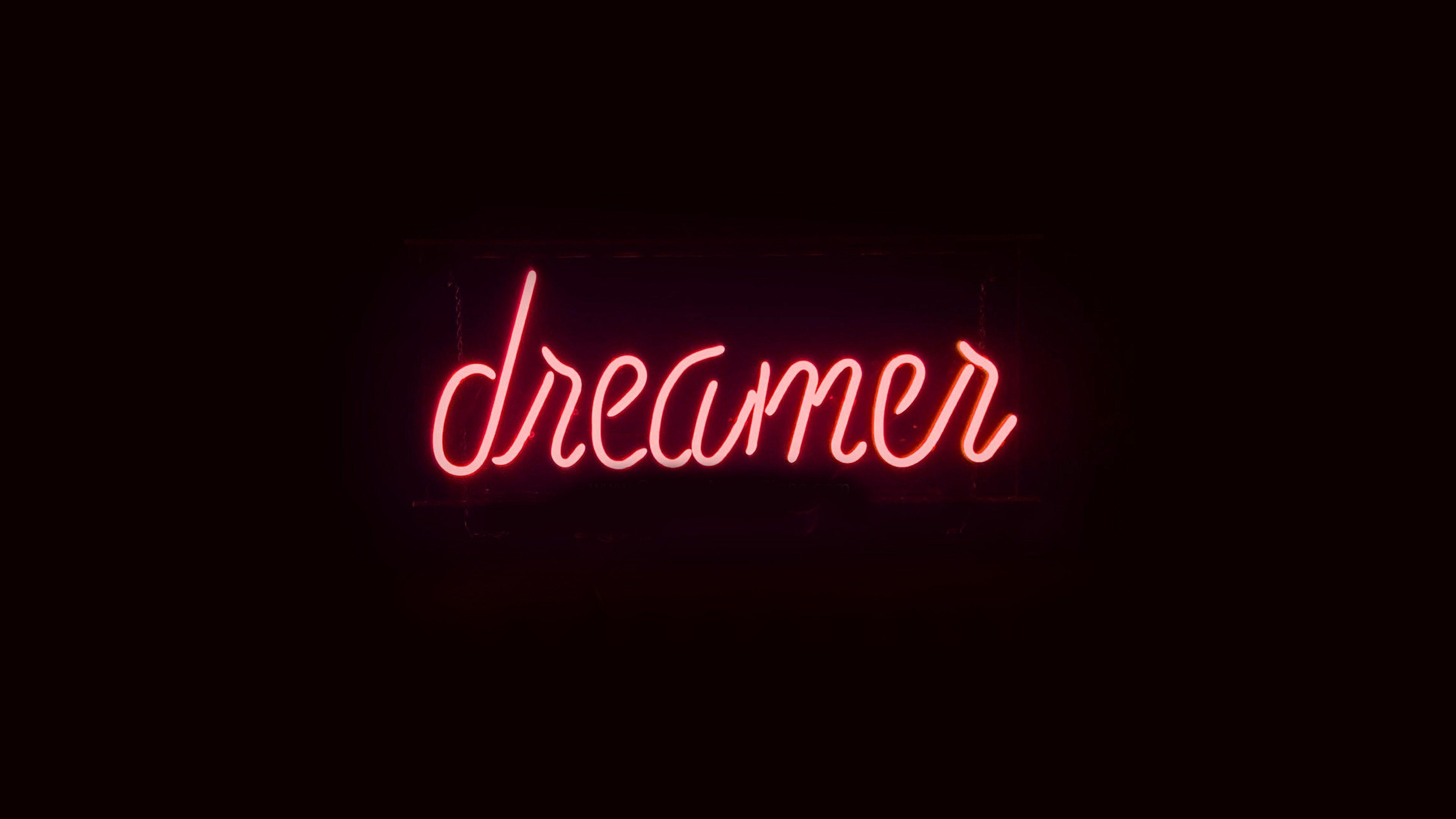 3840x2160 Dreamers Neon Sign Dark Illustration Art Red Wallpaper