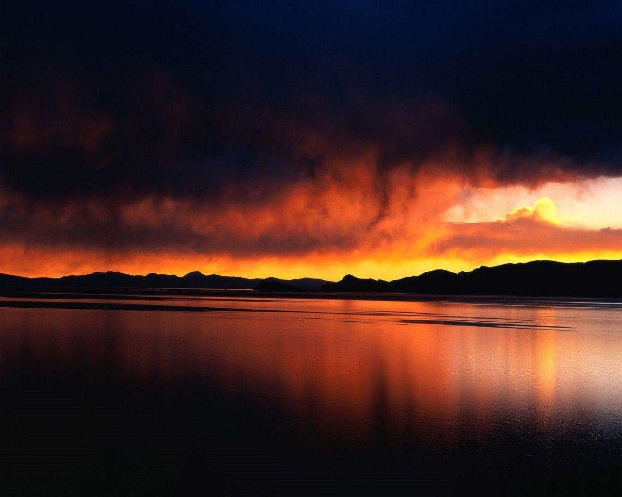 1280x1024 Sunsets: Clouds Red Sea Dark Black Sun Sky Fire Sunset HD for HD 16