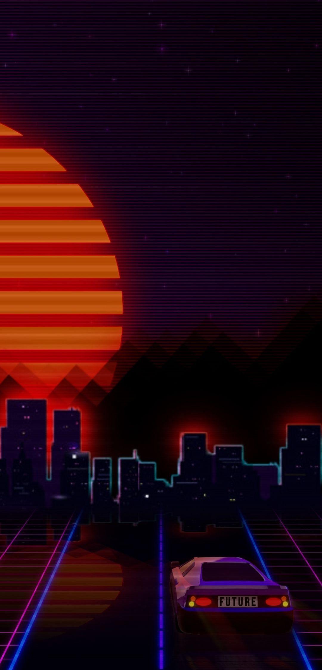 1080x2246 Car in Artistic City Retrowave 1080x2246 Resolution