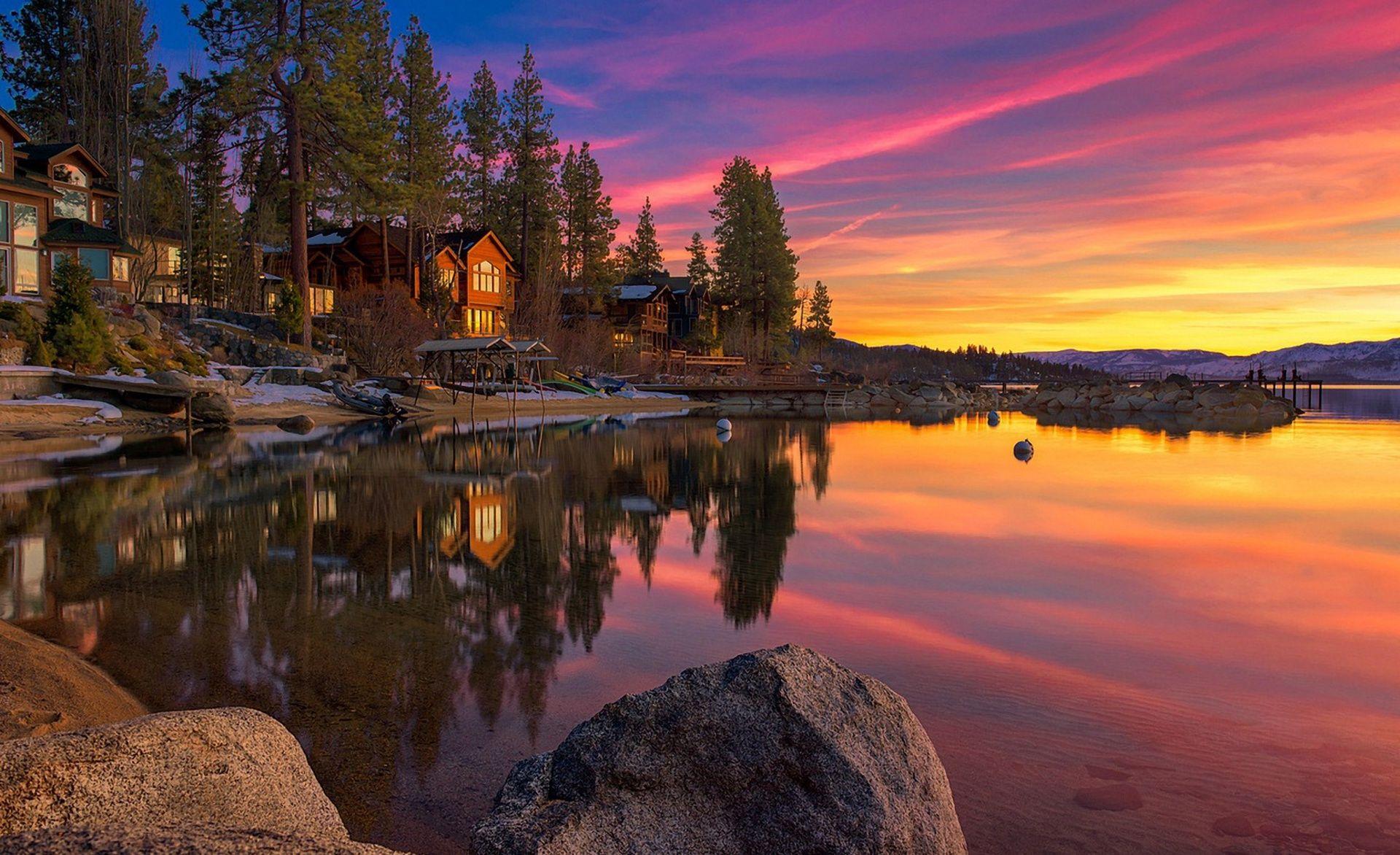 1920x1172 Landscape lake house rocks sunset sky clouds Lake Tahoe United