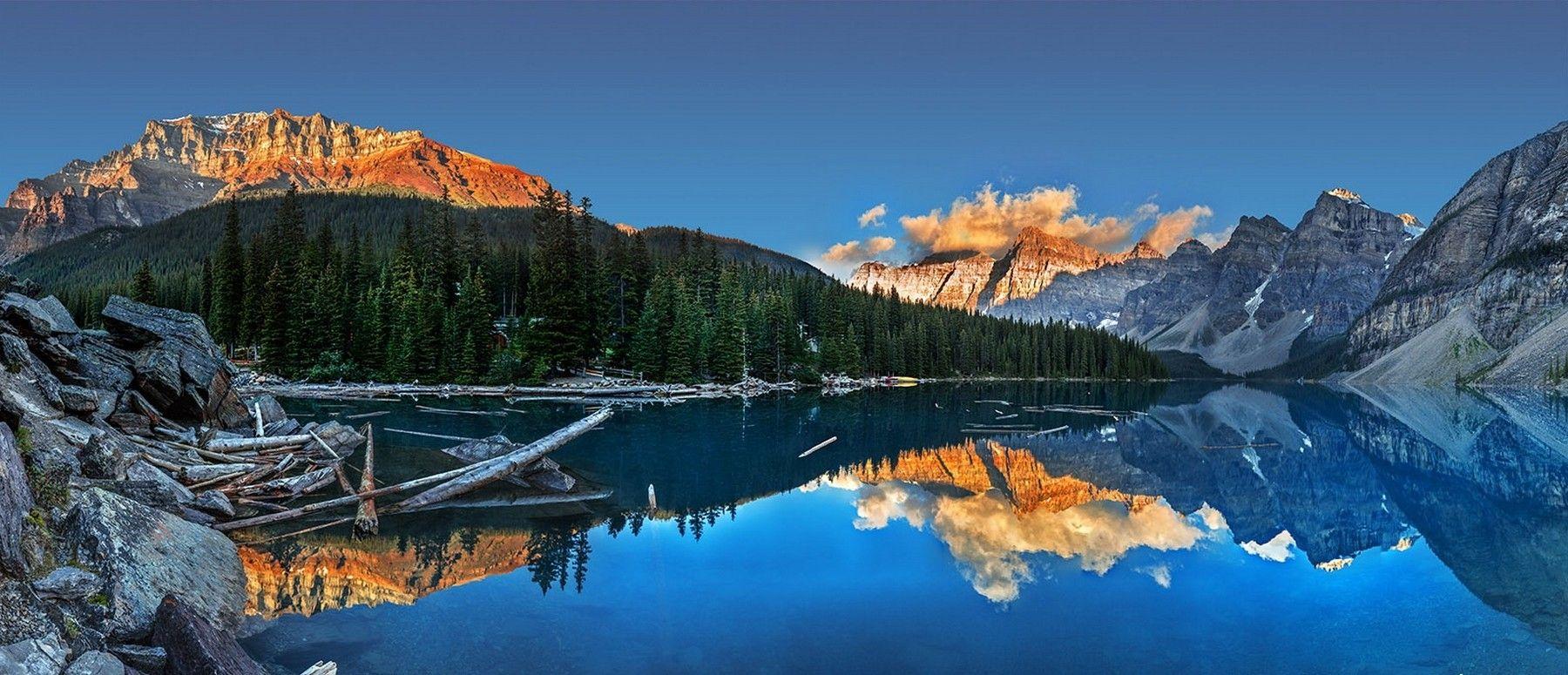1800x775 Moraine Lake, Sunset, Summer, Lake, Canada, Mountain, Water