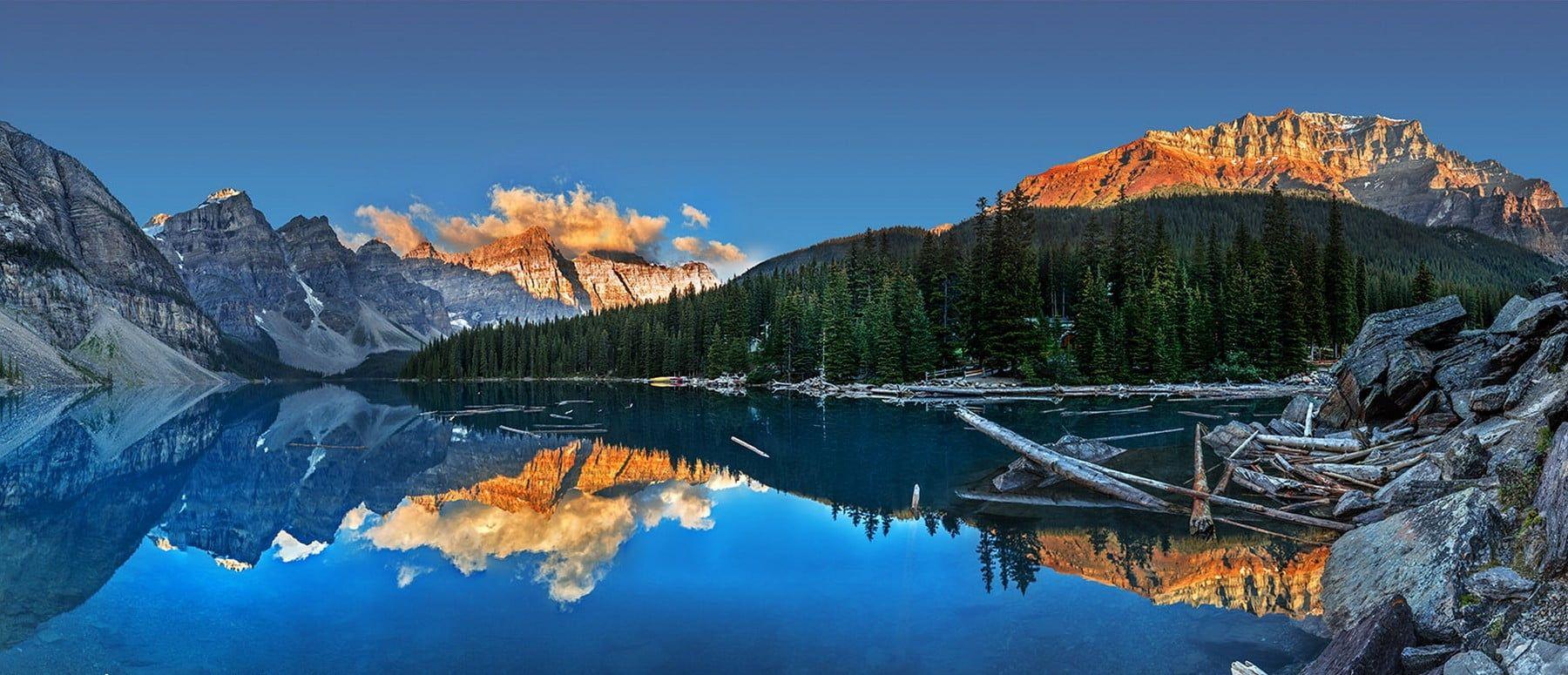 1800x775 Mountain near body of water digital wallpaper, Moraine Lake