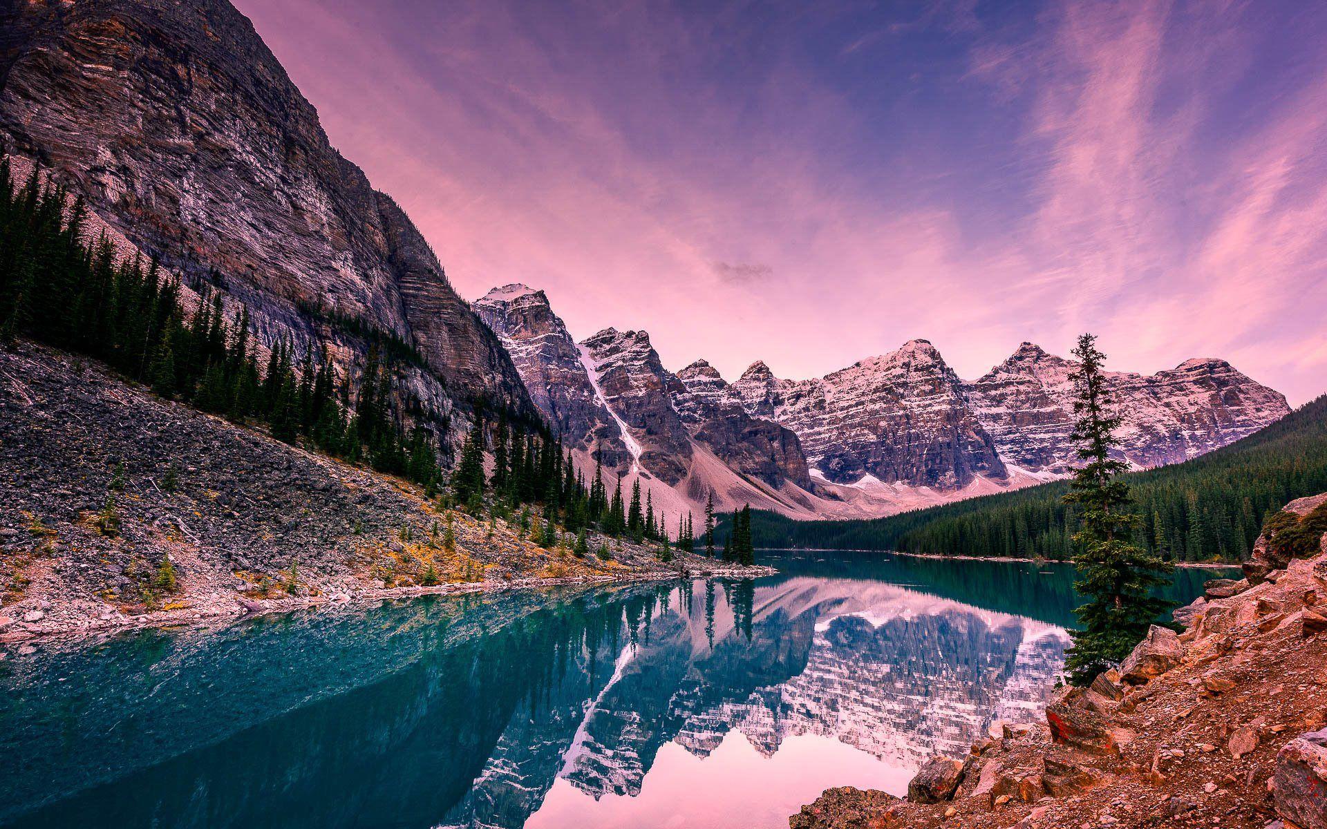 1920x1200 Download wallpaper Moraine Lake, sunset, summer, mountains, Banff