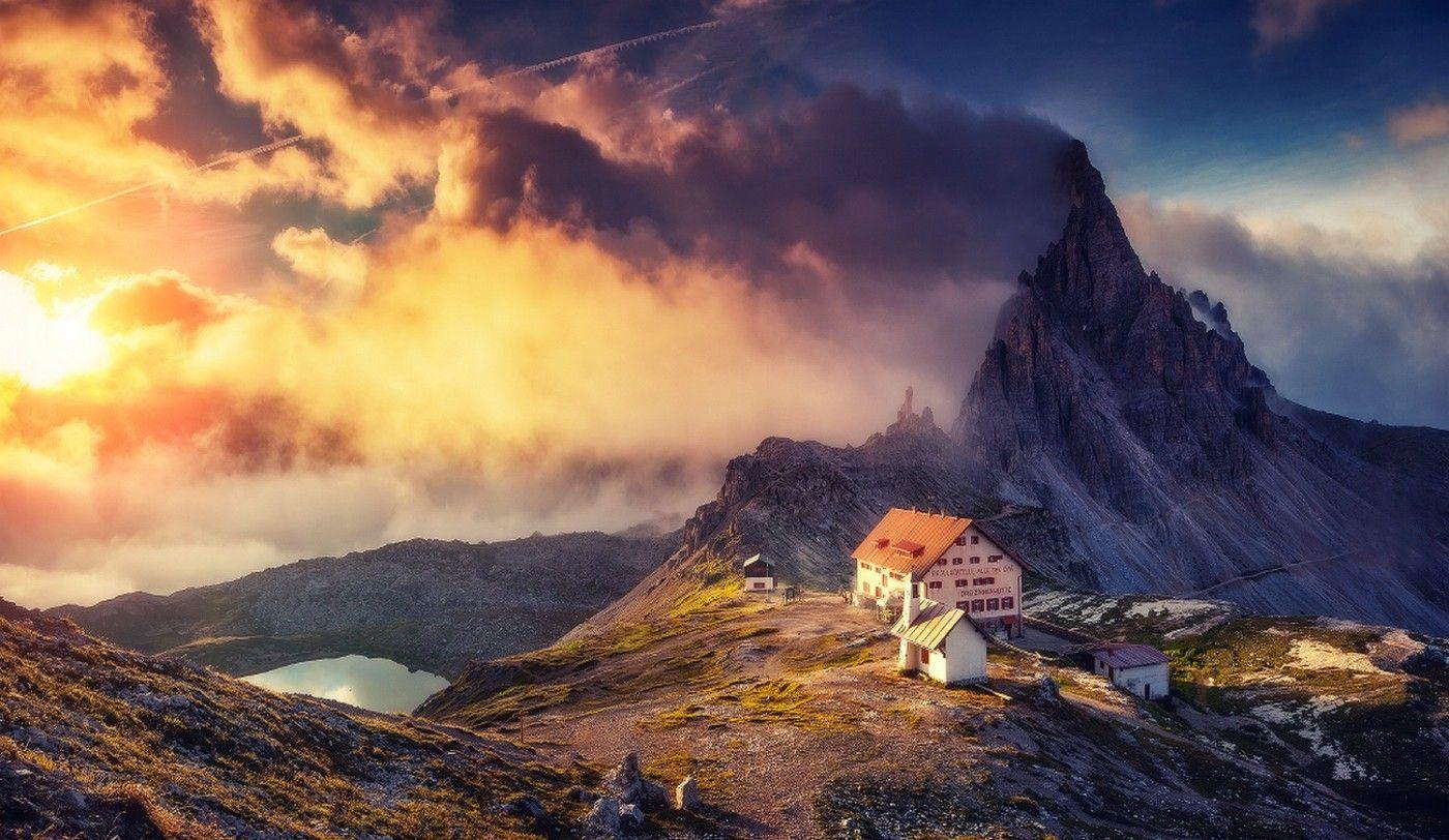 1400x812 #landscape, #nature, #sky, #clouds, #Alps, #cabin, #sunset