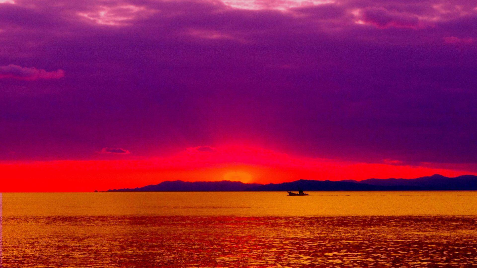 1920x1080 Ship Sky Sunset Lake Mountains Summer Wallpaper Sunrise