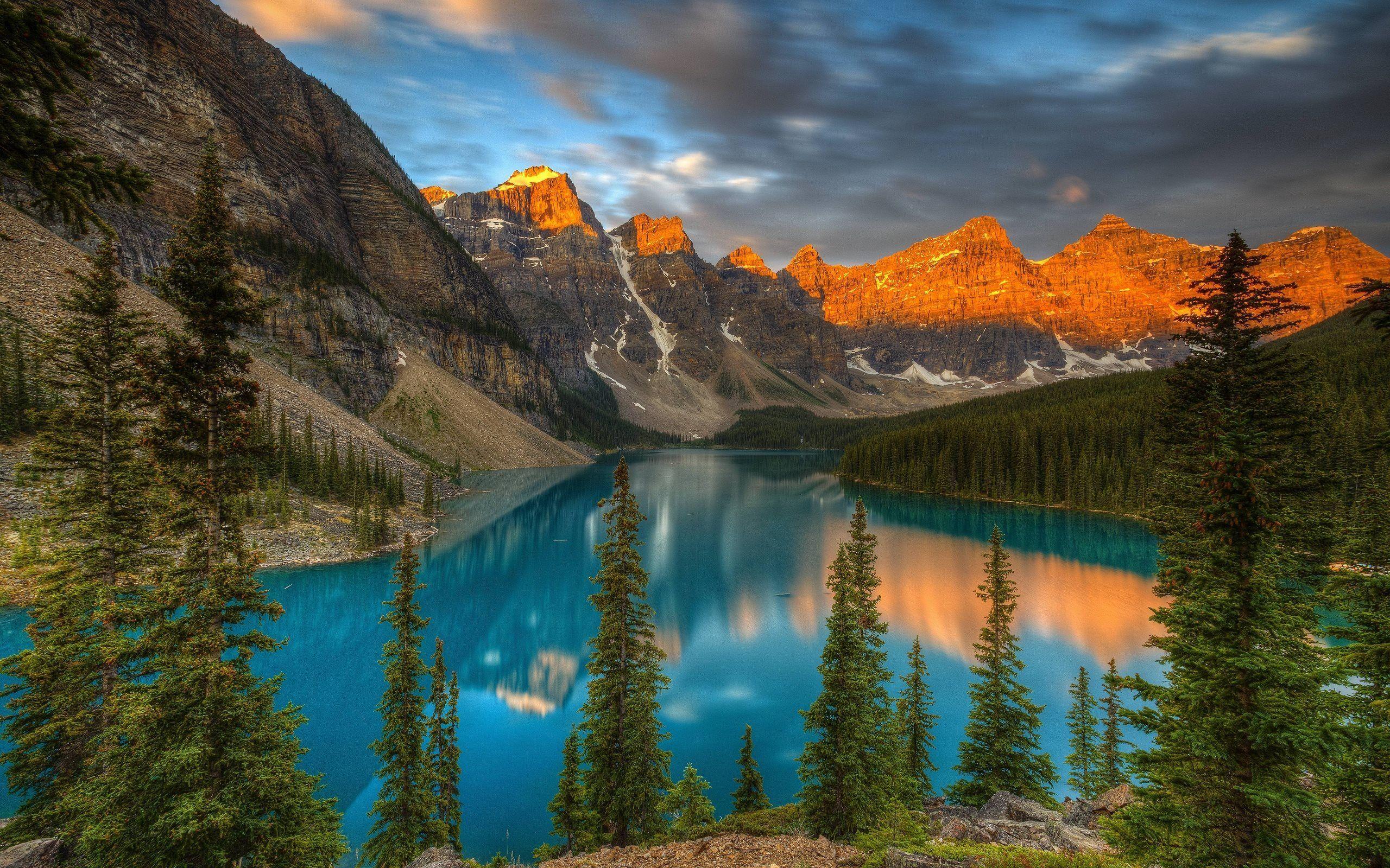 2560x1600 Download wallpaper sunset, mountains, canada, moraine lake