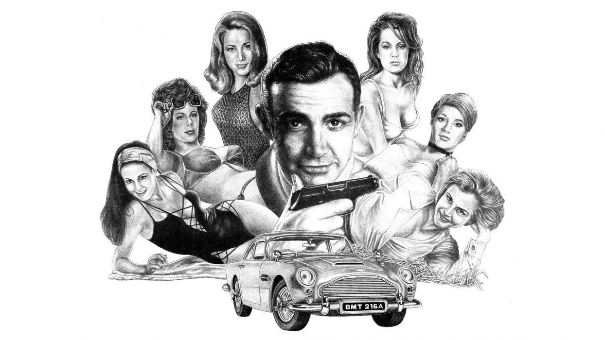 1244x700 James Bond Aston Marin Drawing BW White Sean Connery wallpaper