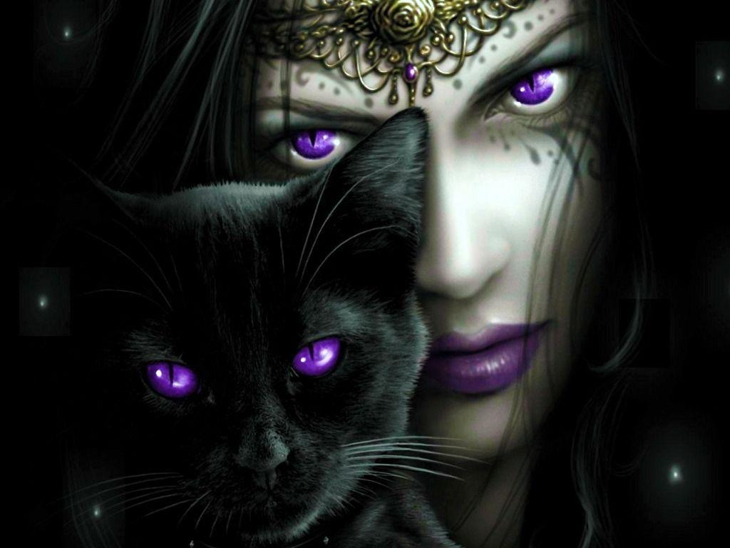 1024x768 Fantasy Wallpaper: Woman And a Cat. Cat dark, Black cat, Purple eyes
