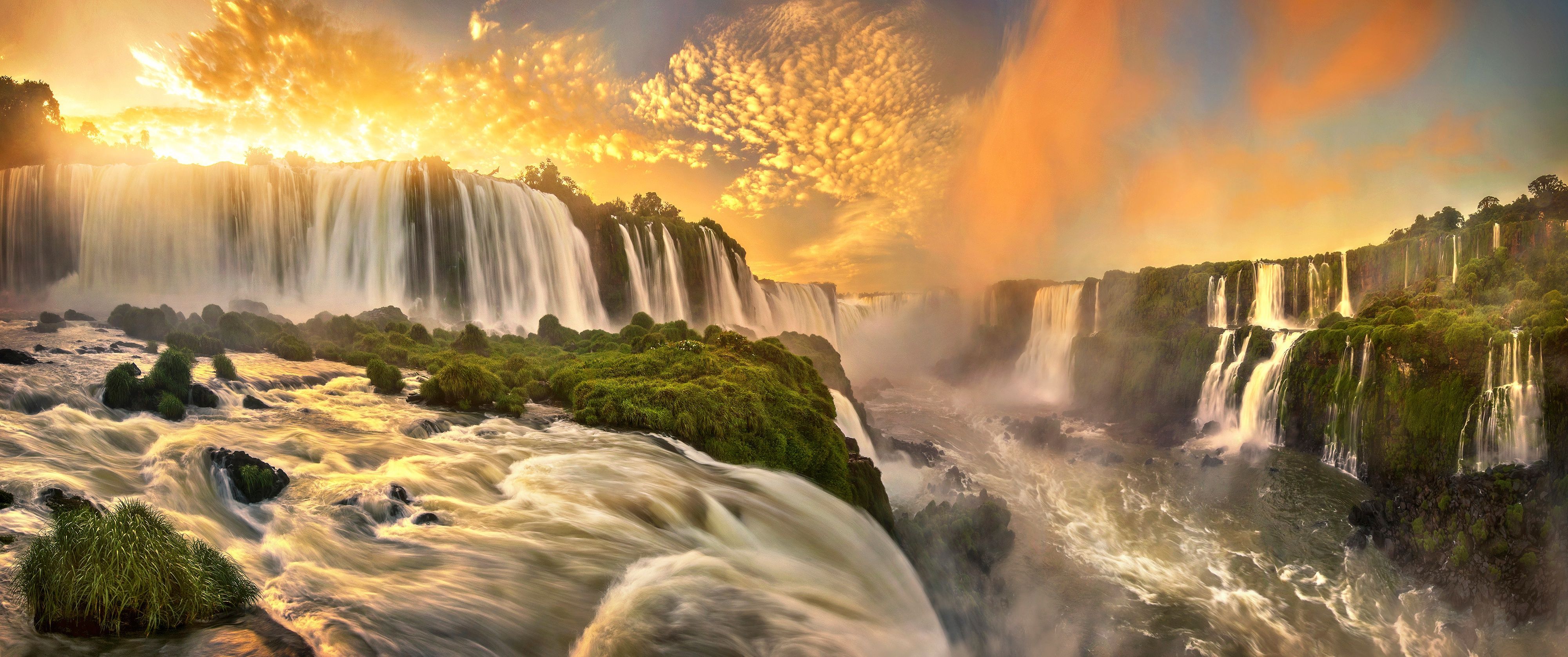 4000x1675 Wallpaper river, sunrise, dawn, waterfall, panorama, Brazil, cascade, Iguazu Falls for mobile and desktop, section пейзажи, resolution 4000x1675