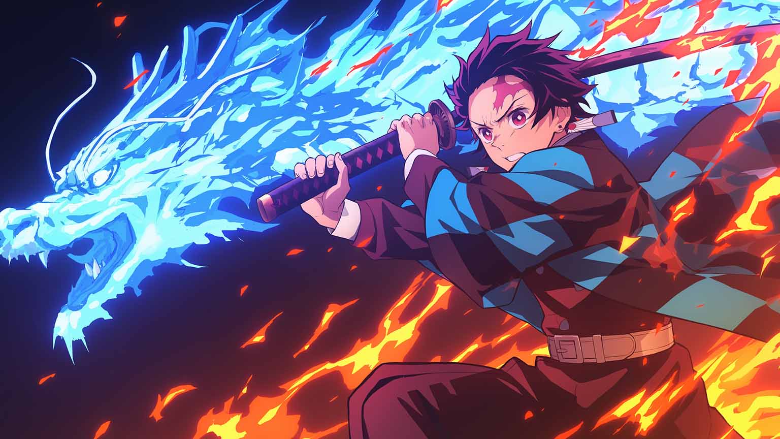 1536x864 Demon Slayer Tanjiro Flame Dragon Art Desktop Wallpaper