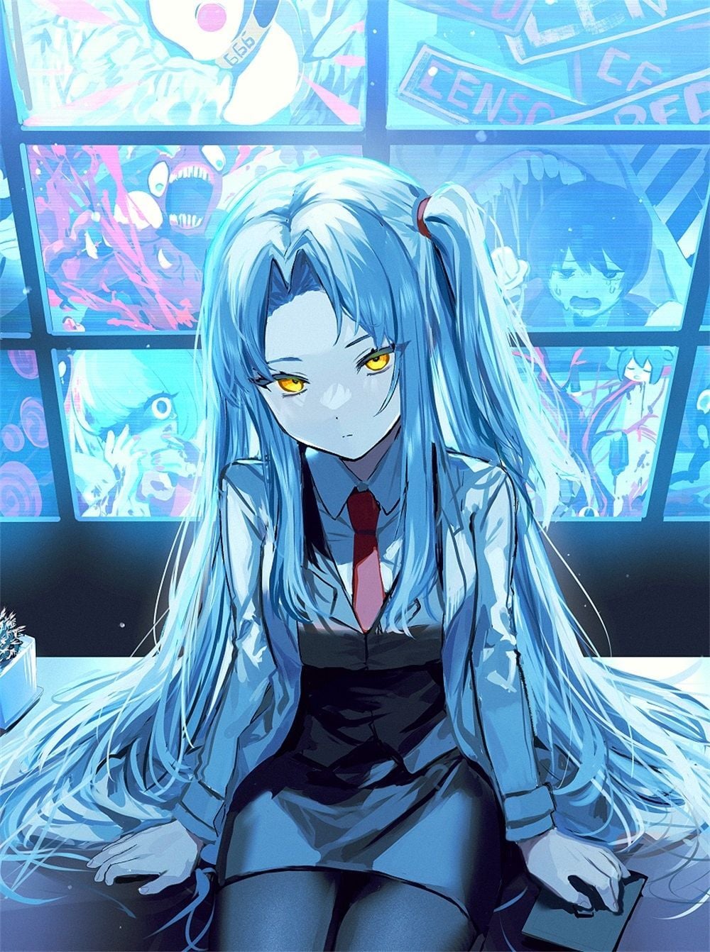 1000x1342 sitting, Lobotomy Corporation, yellow eyes, blue hair, ProjectMoon HD Phone Wallpaper