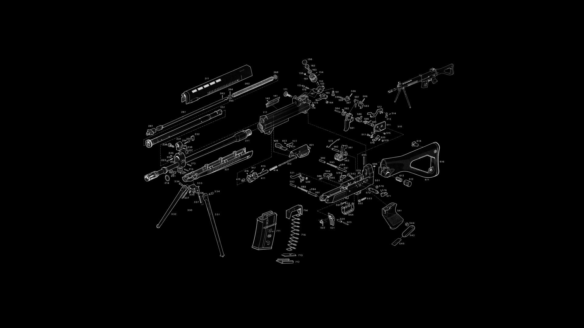 1920x1080 Disassembled Assault Rifle Illustration, Gun, Exploded View Diagram, SIG SG SIG HD Wallpaper