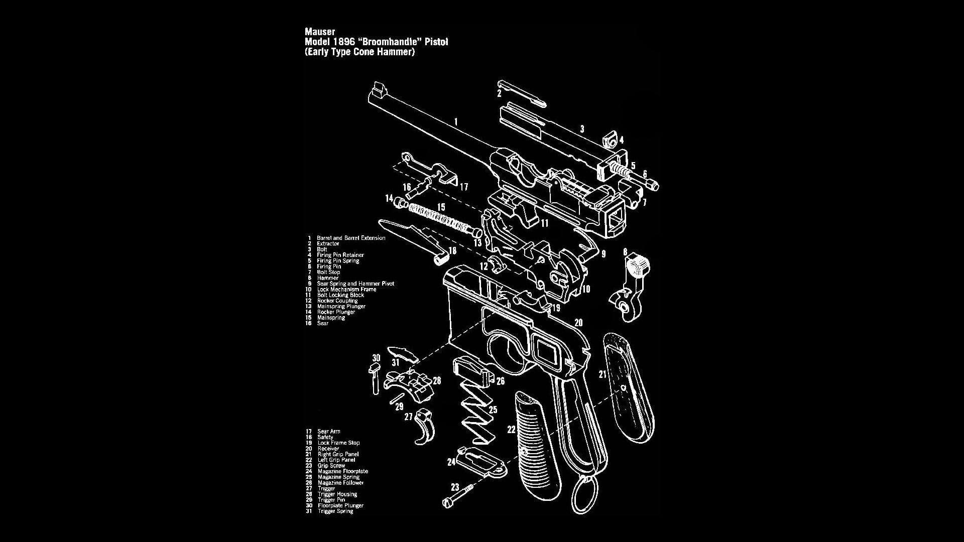 1920x1080 Equipment Blueprint, Gun, Exploded View Diagram, Mauser, Mauser C96 HD Wallpaper