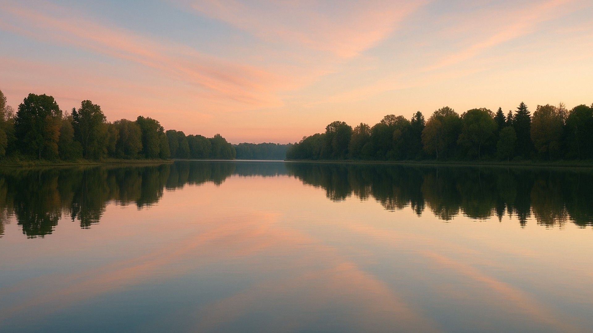 1920x1080 calm lake reflecting a row of trees with soft pastel pink and orange clouds streaking across the evening sky HD nature Wallpaper