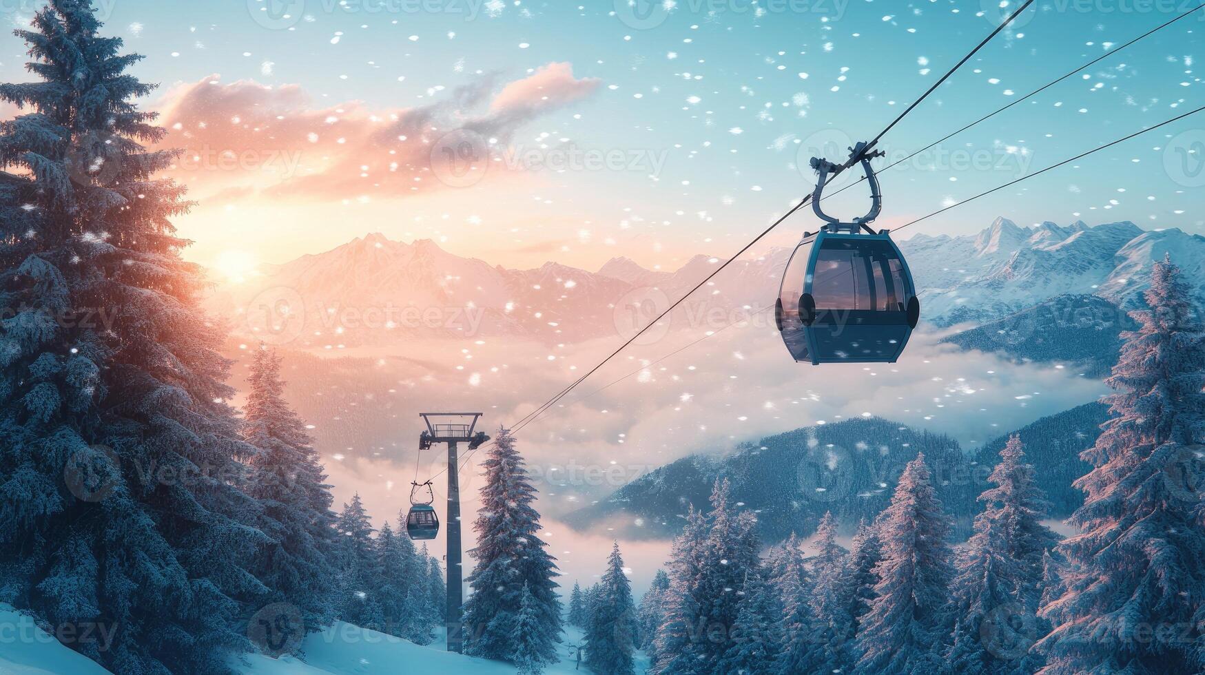 1749x980 Winter ski resort chairlift with snowy mountain and pine trees in the background