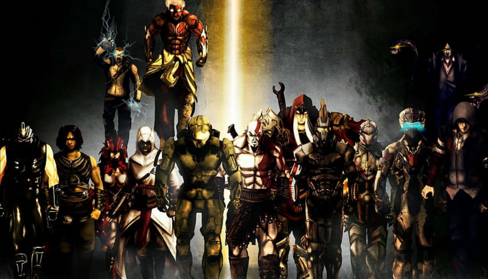 1577x900 Download Intense Combat Scene with God of War Characters Wallpaper