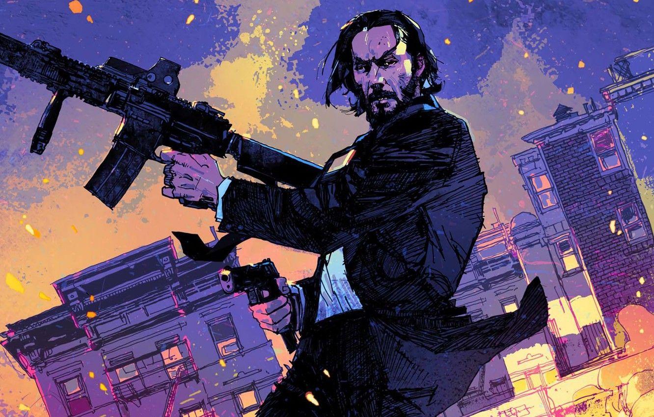 1332x850 Wallpaper city, cinema, gun, pistol, weapon, night, man, movie