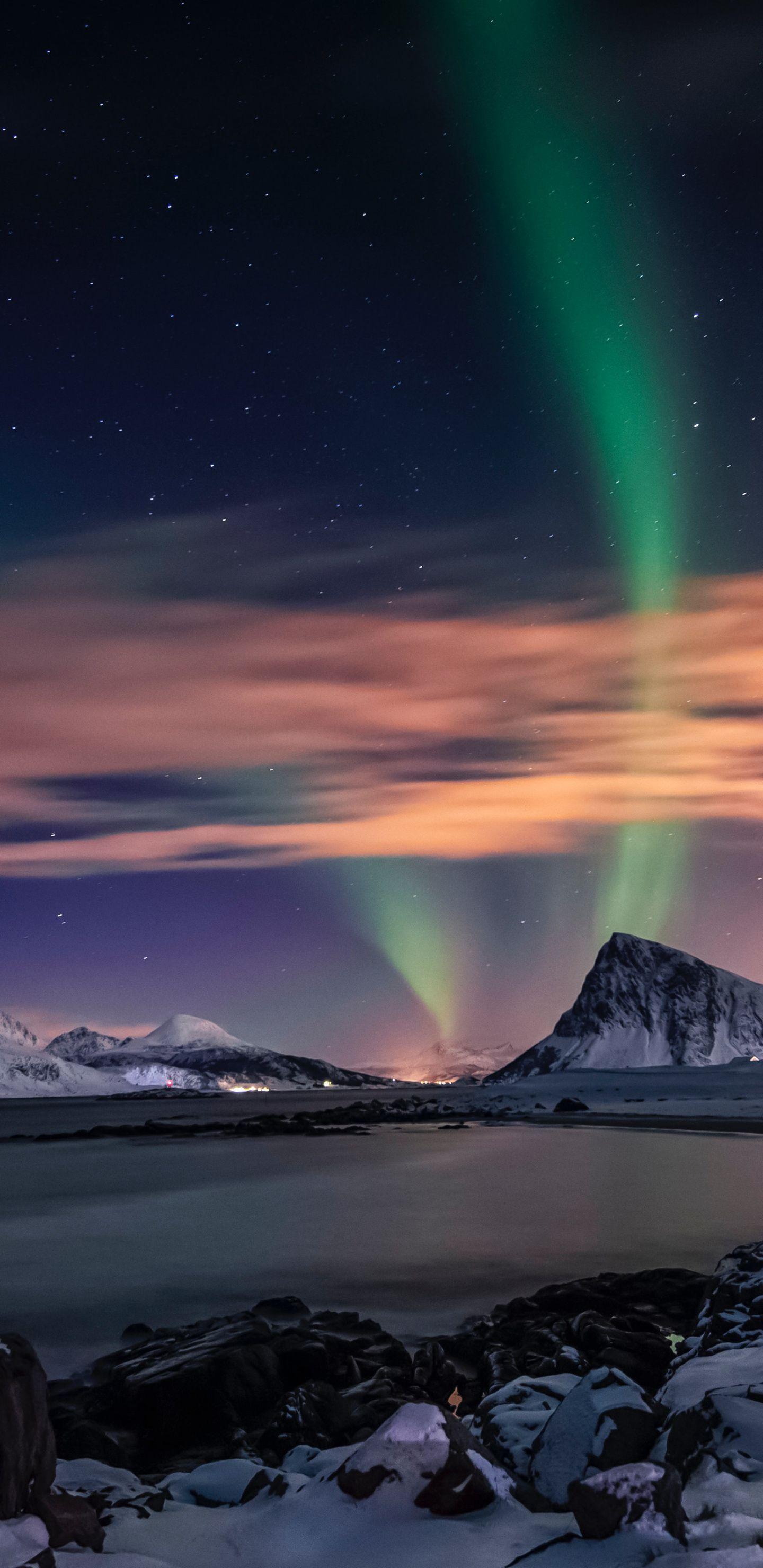 1440x2960 Download Northern Lights, Aurora, lake, sky, nature wallpaper