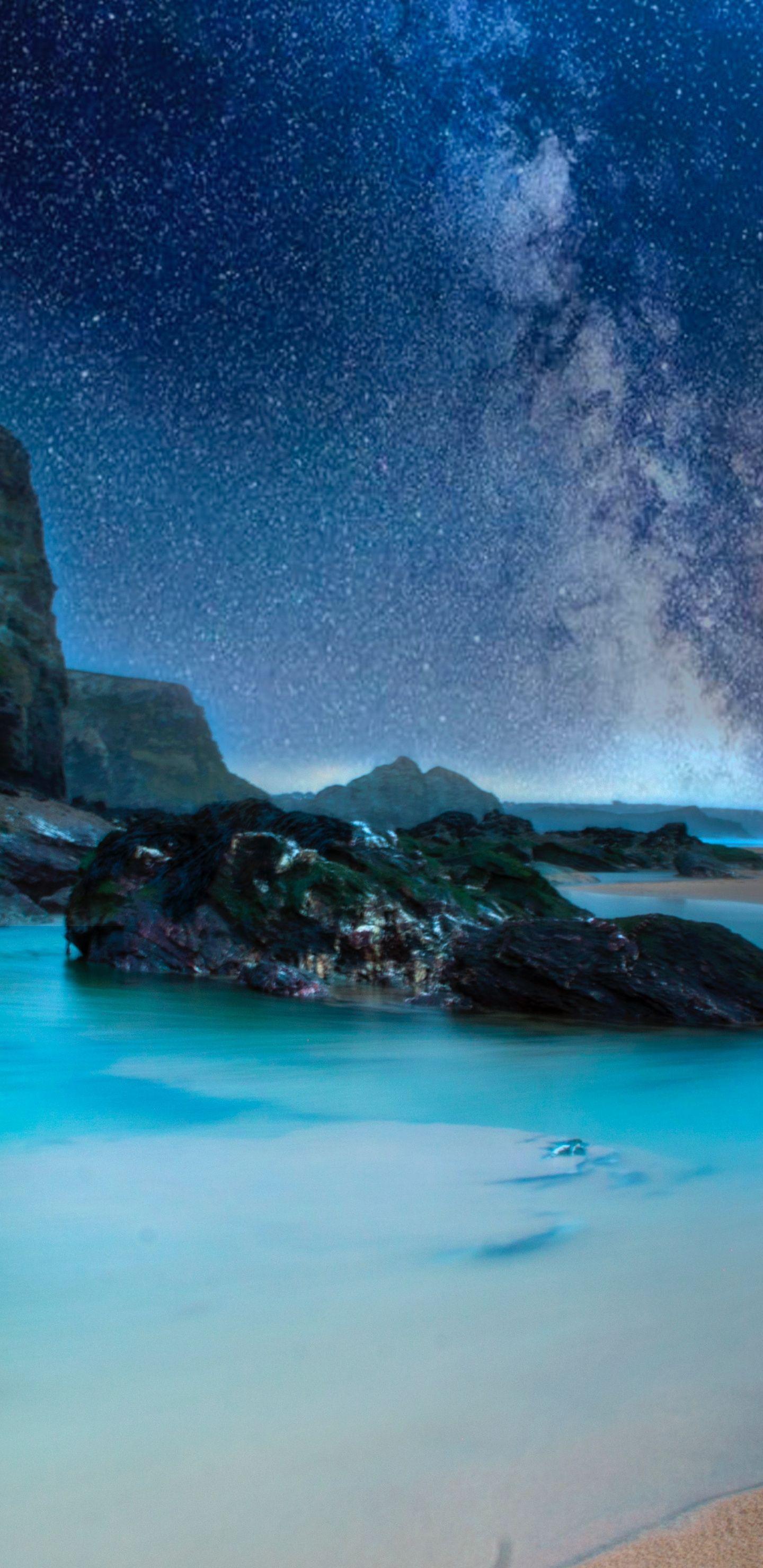 1440x2960 Download Night, beach, rocks, coast, nature wallpaper, 1440x2960