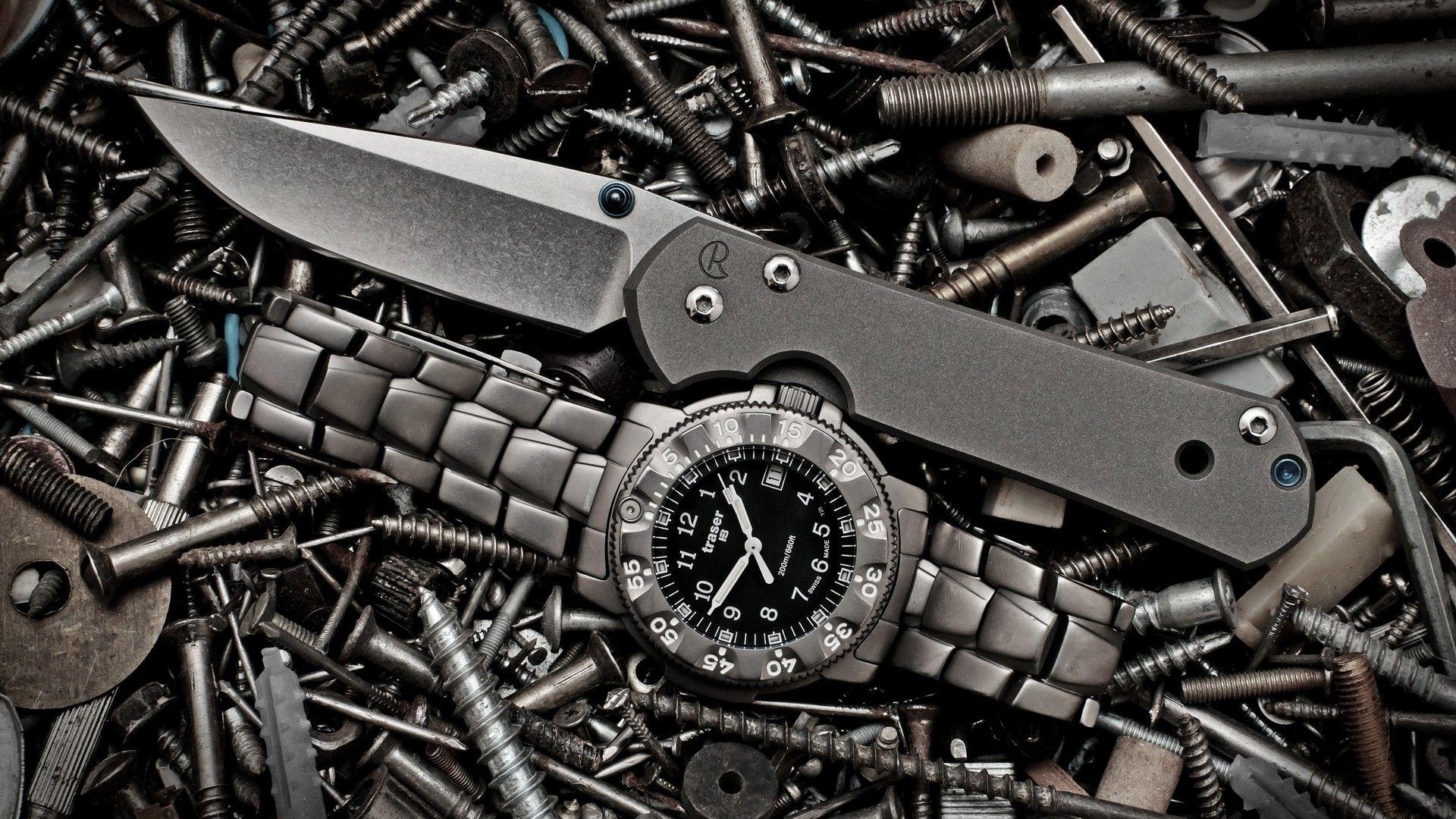 1920x1080 steel, metallic, bolt, tools, nails, knives, watches, screw, time