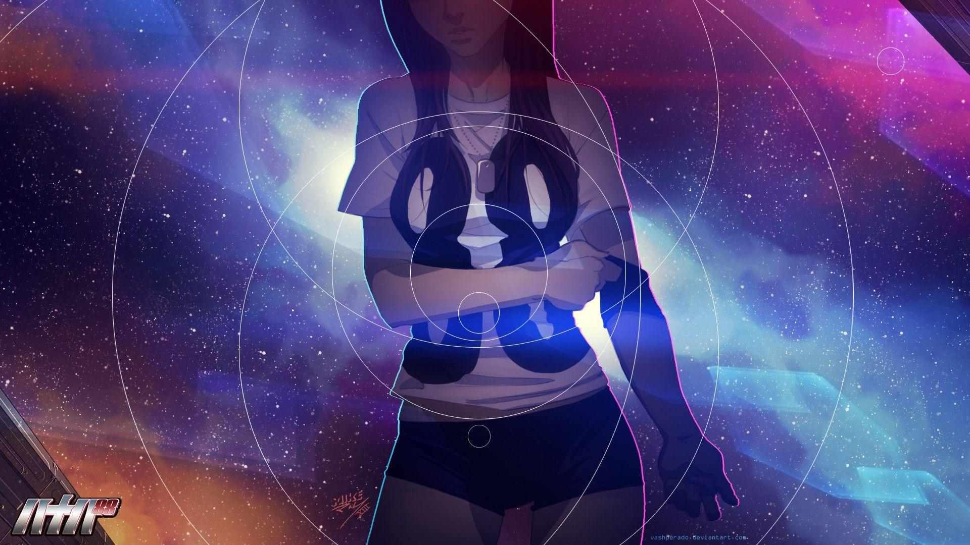 1920x1080 outer space, artwork, shorts, dog tags, anime girls, armbands
