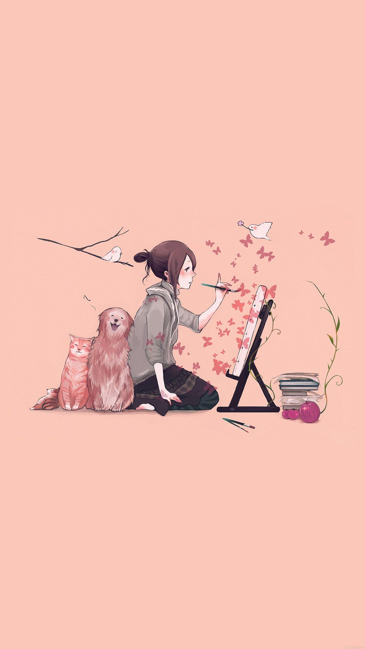 1242x2208 Illustrator Dog Cat Pink Art Illust Wallpaper