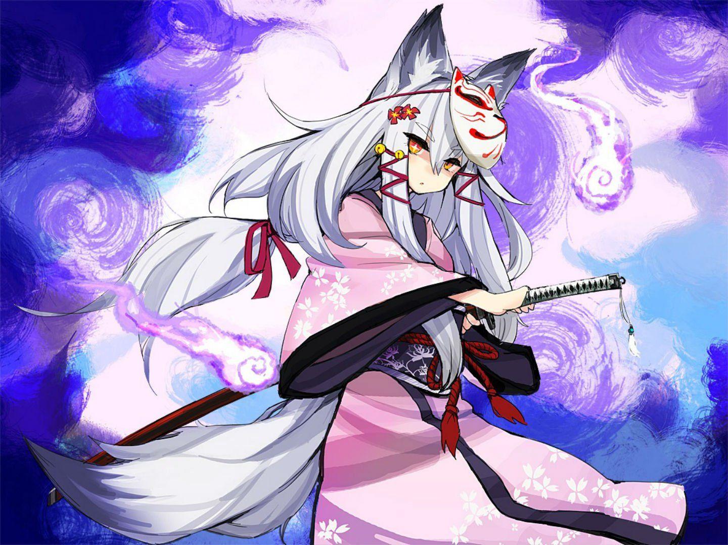 1440x1078 Animal ears bell flowers foxgirl katana kimono long hair mask noconol original ponytail ribbons rope sword tail weapon white hair yellow eyes wallpaperx1078