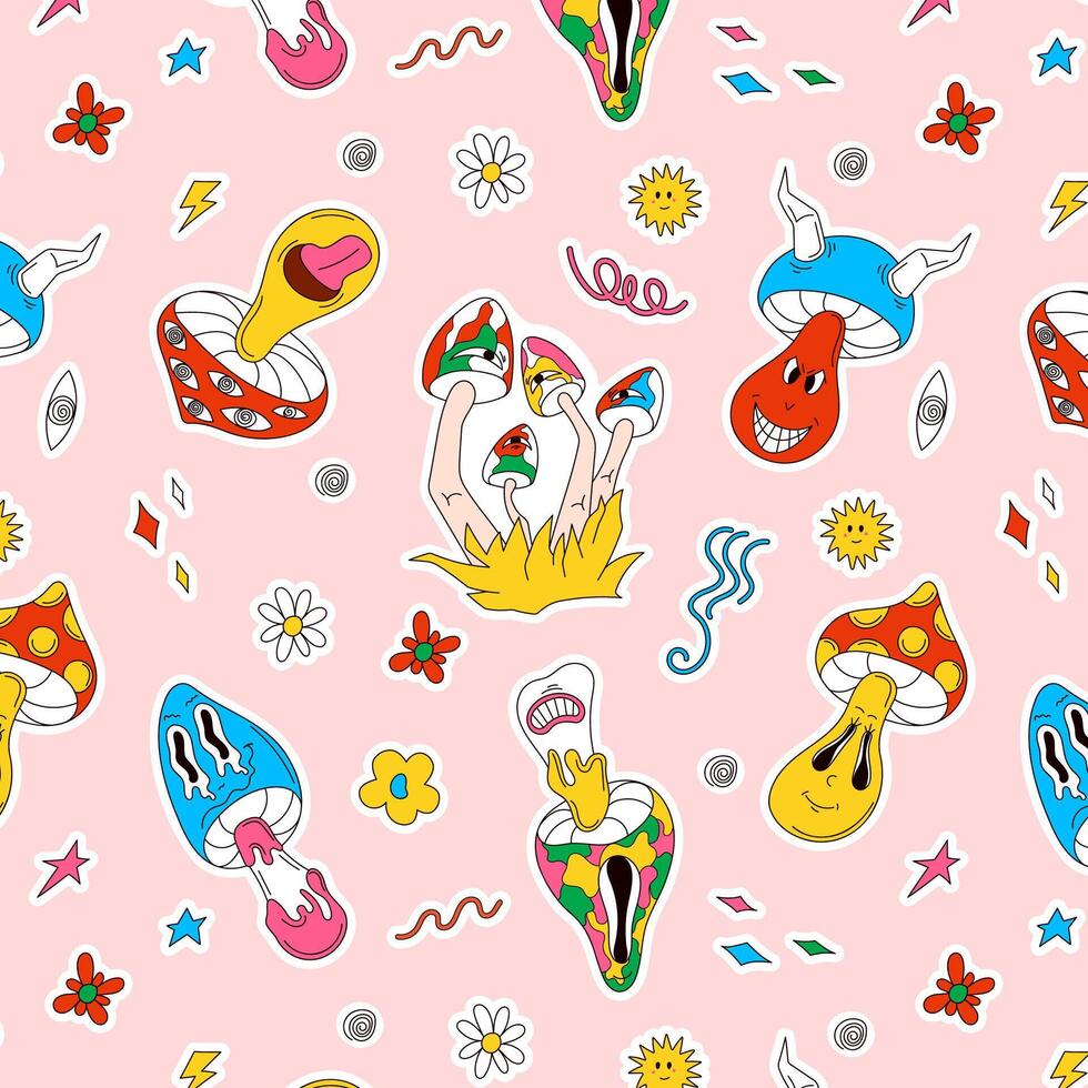 980x980 Psychedelic groovy mushrooms character pattern in cartoon style. Funny character drawing wallpaper print, 90s graphic art background. Vector illustration