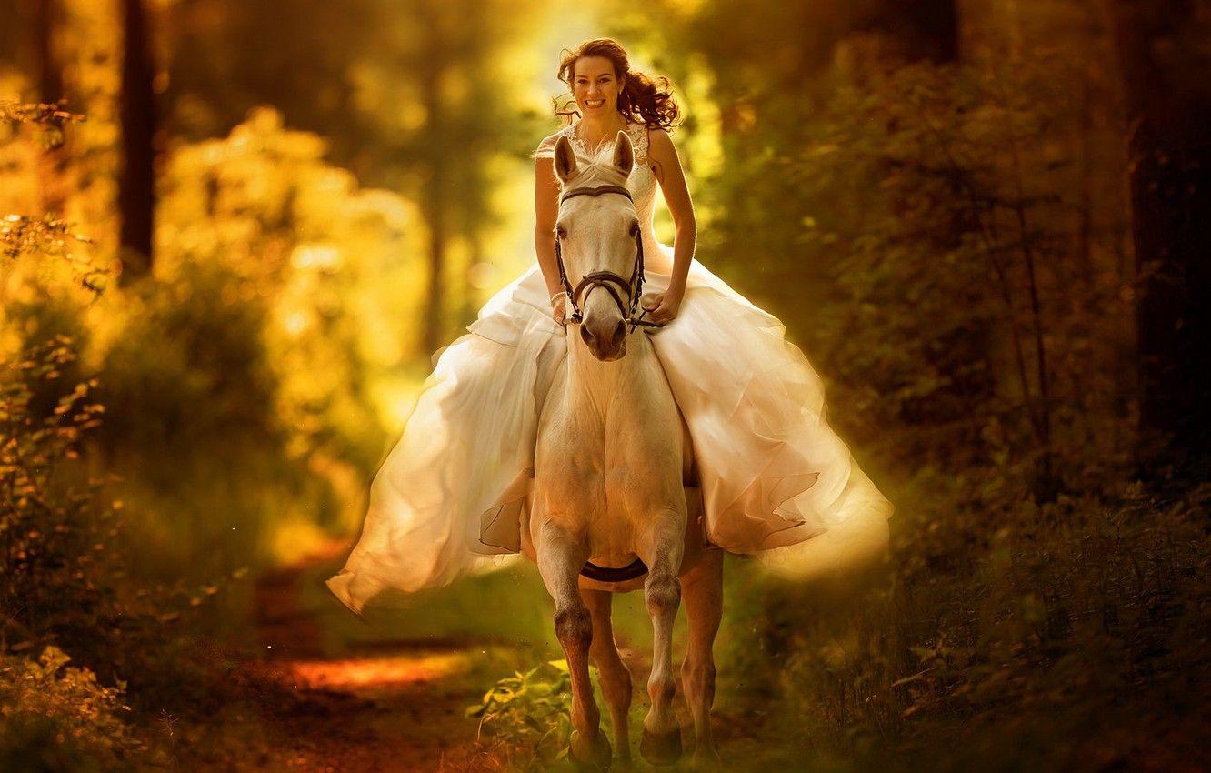 1332x850 Wallpaper autumn, forest, girl, nature, horse, the bride image