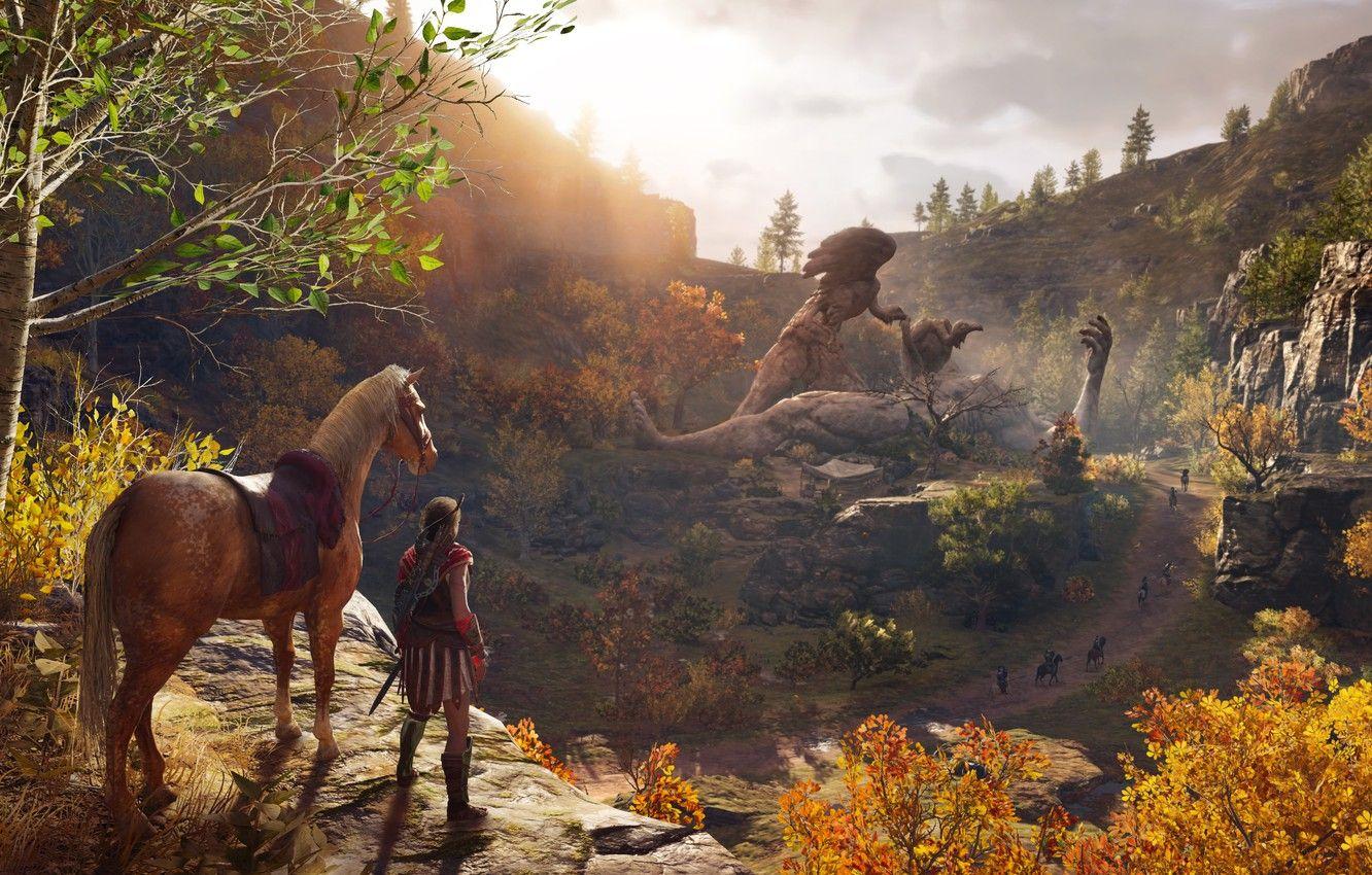 1332x850 Wallpaper autumn, forest, leaves, trees, horse, Assassin's Creed