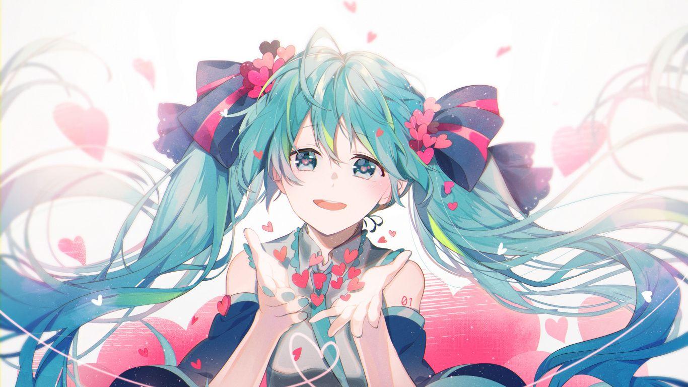 1366x768 Download Cute, anime girl, Hatsune Miku, artwork wallpaper