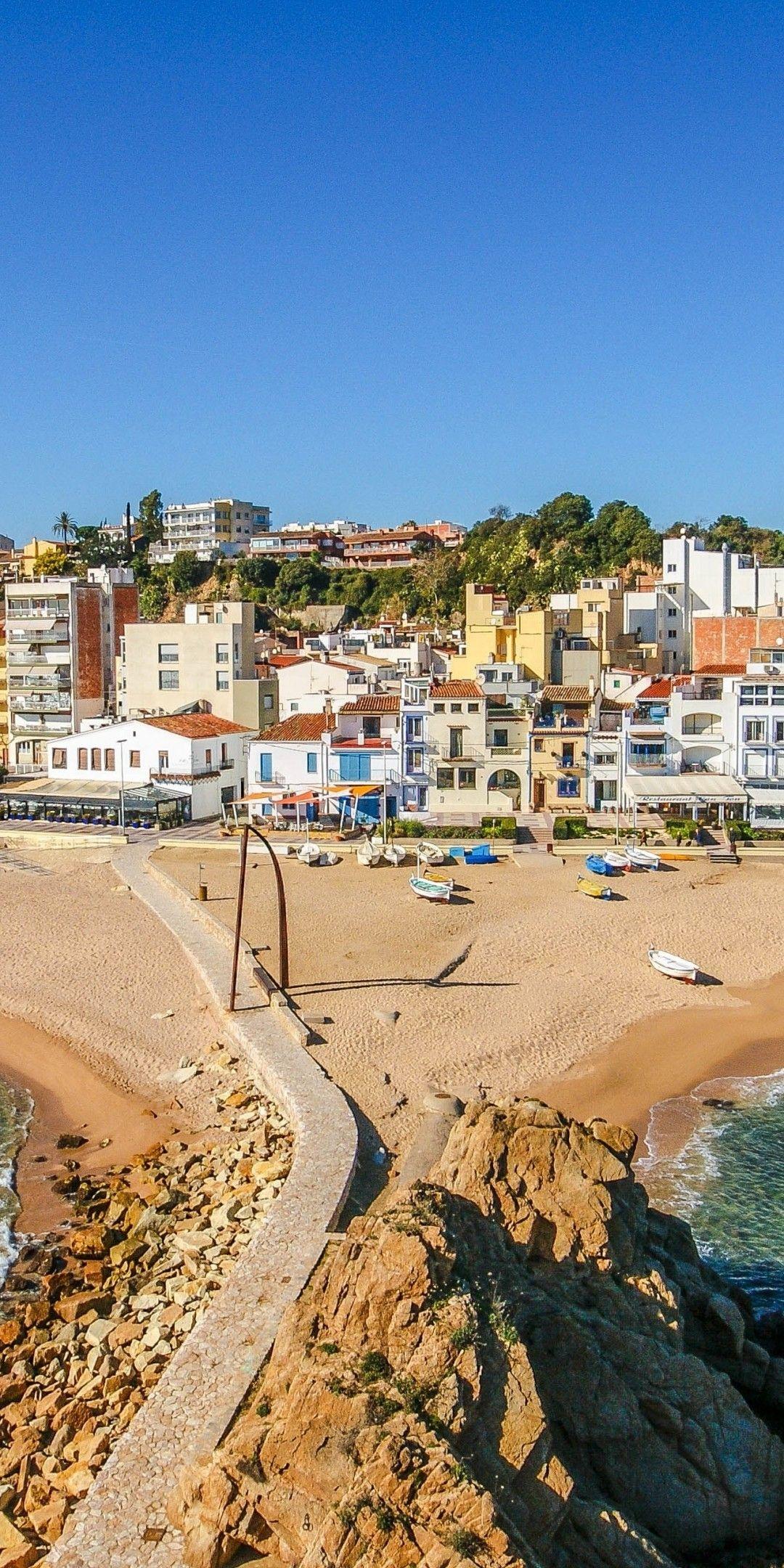 1080x2160 Download 1080x2160 Catalonia, Spain, Beach, Buildings Wallpaper