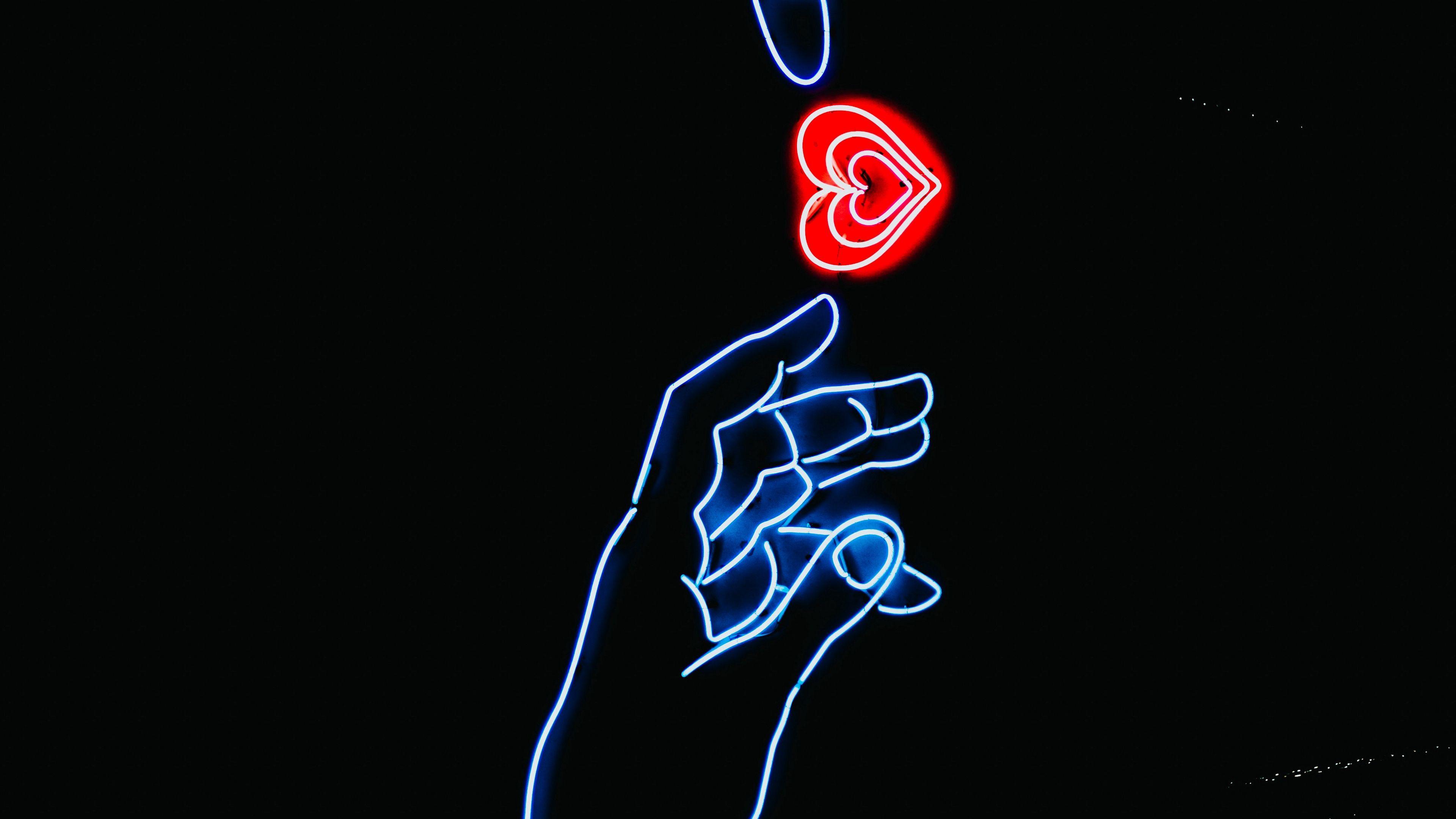 3840x2160 Download wallpaper 3840x2160 hands, heart, neon, glow, fingers