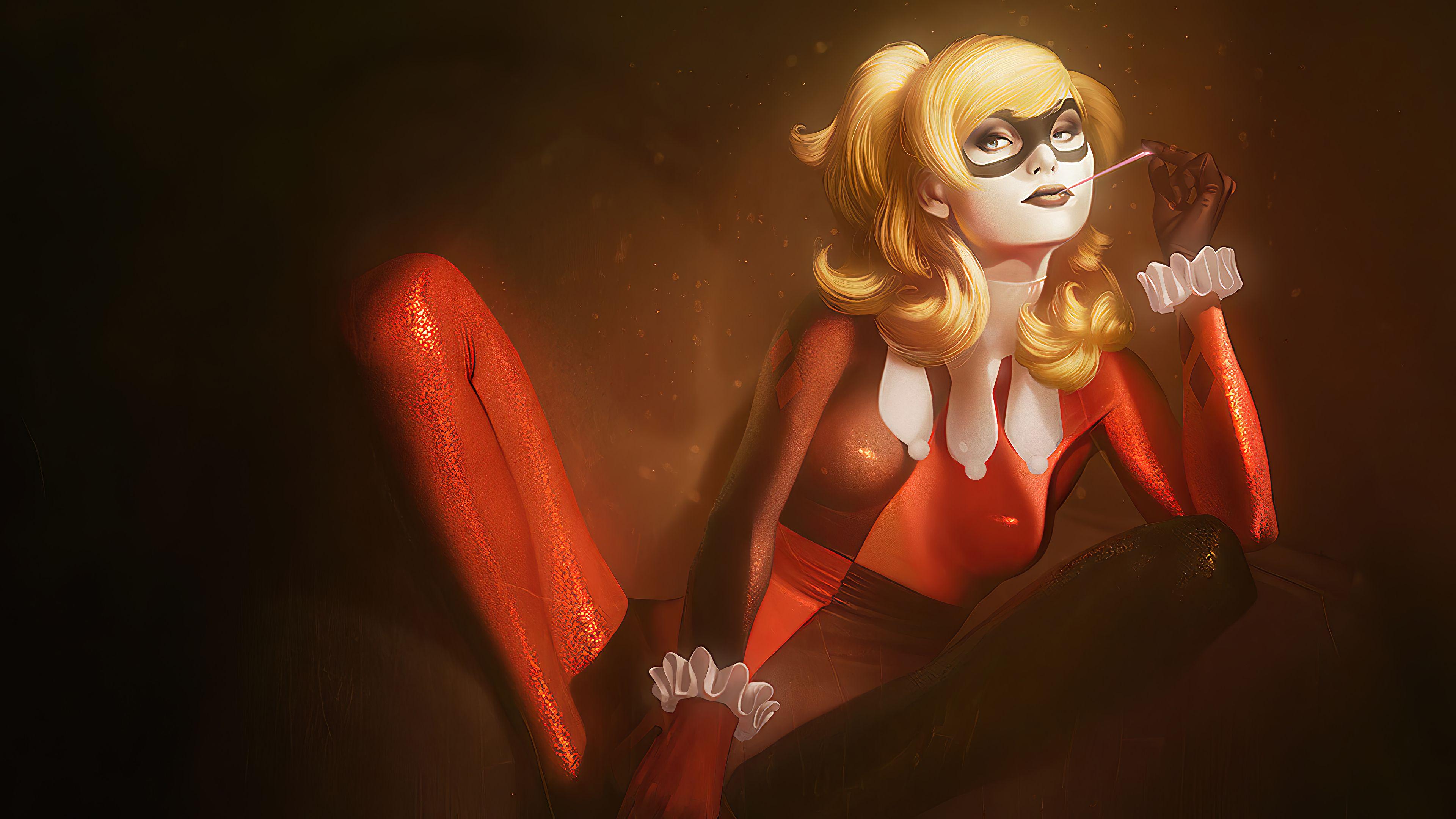 3840x2160 Harley Quinn with red and black costume Wallpaper 4k Ultra HD