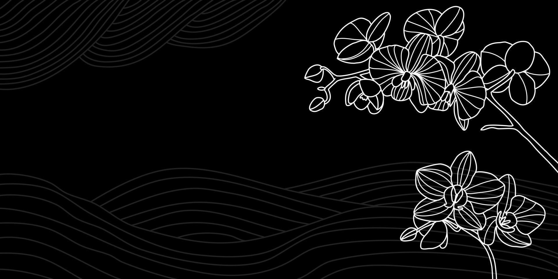1920x960 Orchid flowers frame black background abstract art wallpaper Japanese design live curved monochrome vector