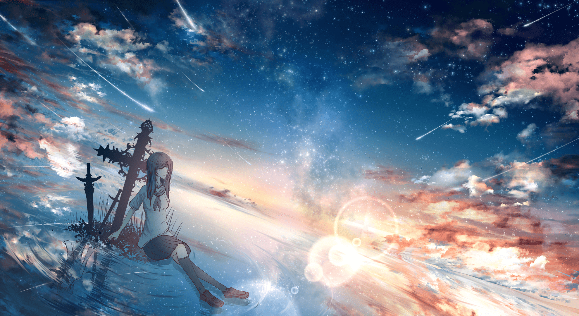 1980x1080 Celestial Sunset: Anime Stars and Reflections HD Wallpaper by ツチヤx1080