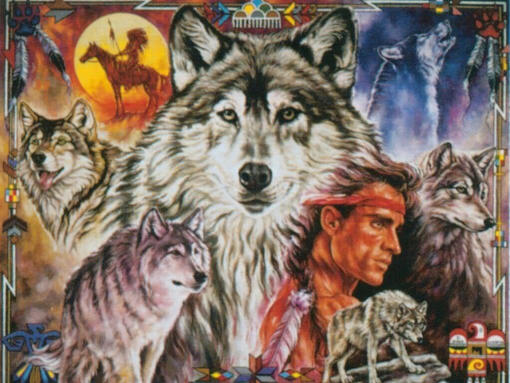 1024x768 Indian And Wolf Wallpaper