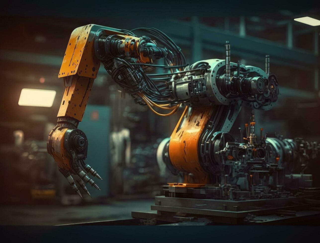 1287x980 Robotics Industry Four Engineering Facility Robot Arm Moving at Different Directions. High Tech Industrial Technology