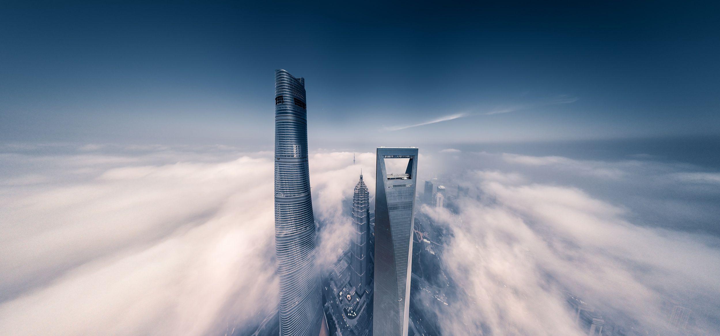 2500x1169 Shanghai Skyscraper Fog Clouds Resolution Shanghai