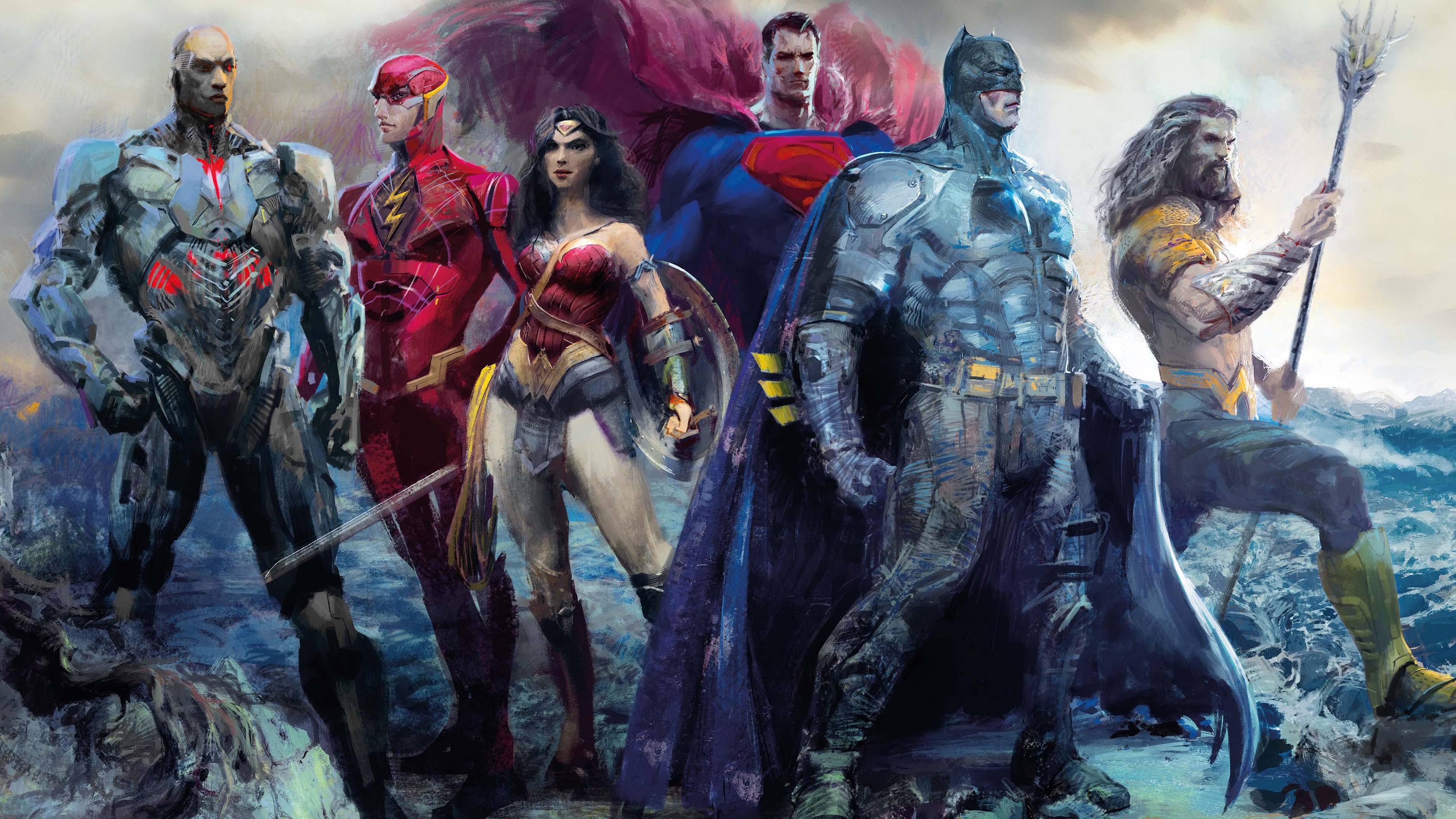 3840x2160 Justice League Art Cyborg The Flash Wonder Woman Super Man Batman Aquaman 4K