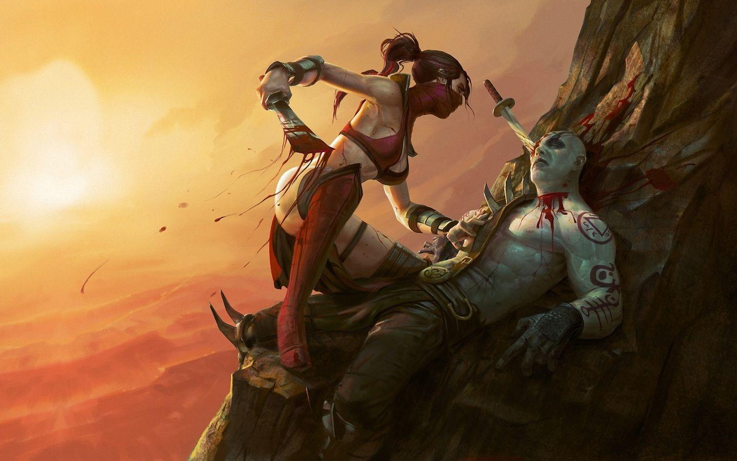 1440x900 quan chi, scarlet, weapons, male, art, gore, mortal