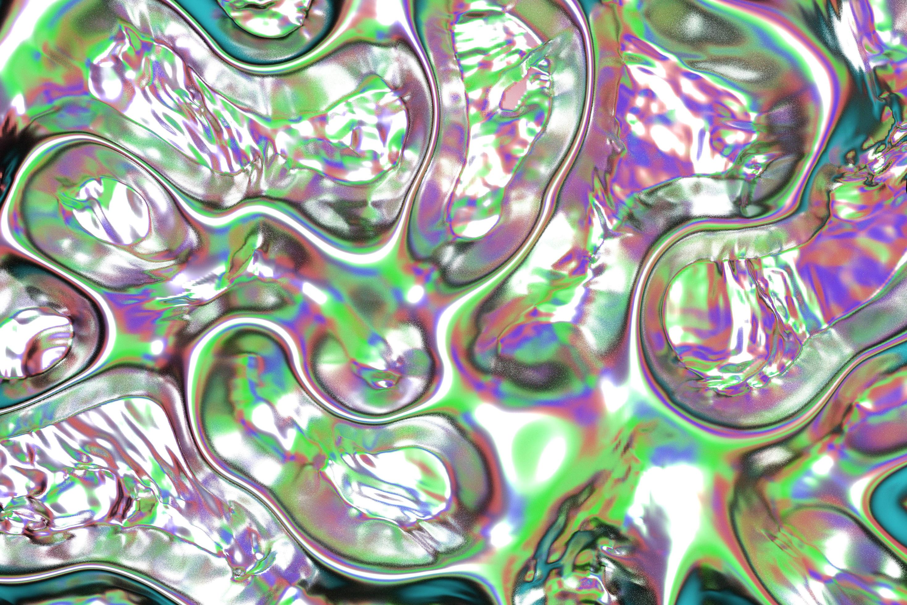 2940x1960 Acid green holographic liquid gradient background. Smooth flowing wavy fluid with folds wallpaper 3D rendering