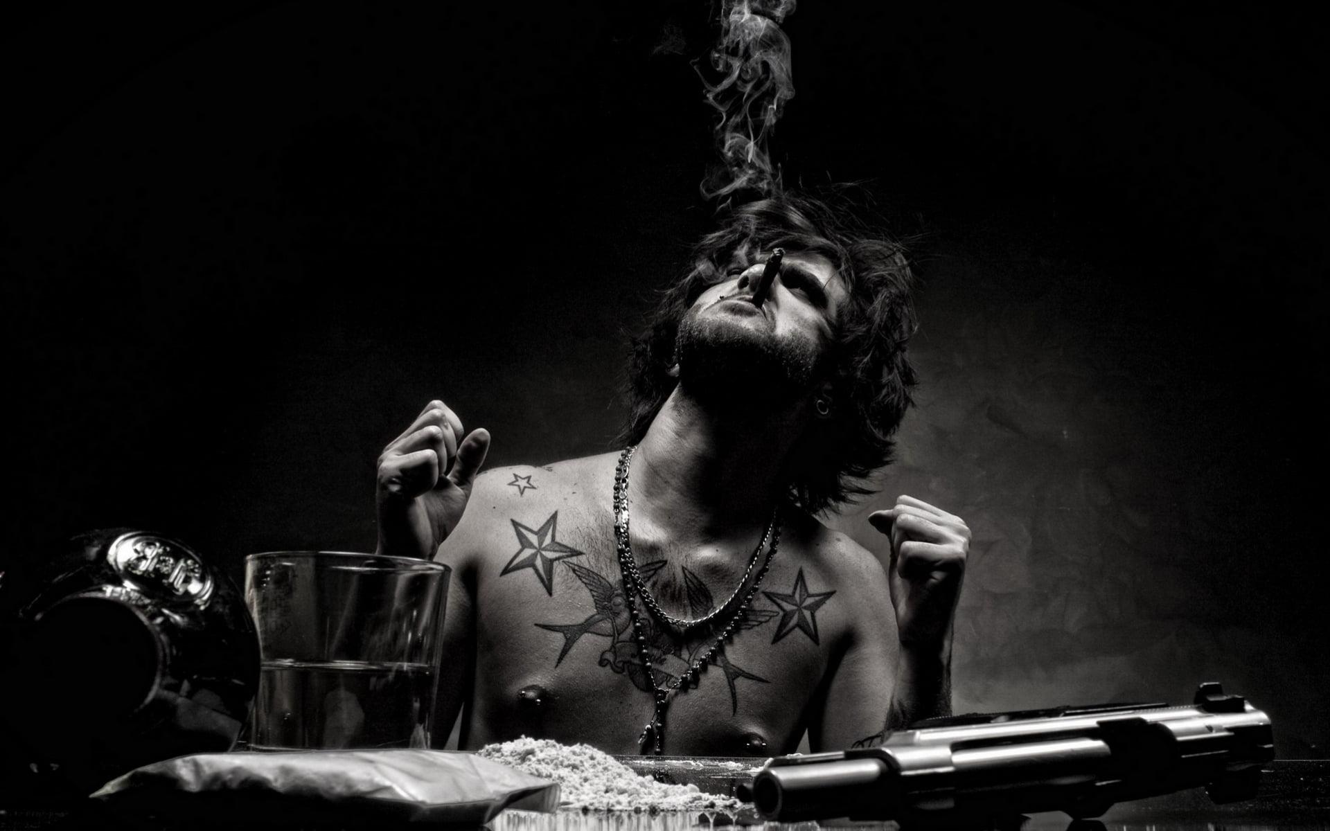 1920x1200 Grayscale photo of man releasing a cigarette smoke on top HD wallpaper