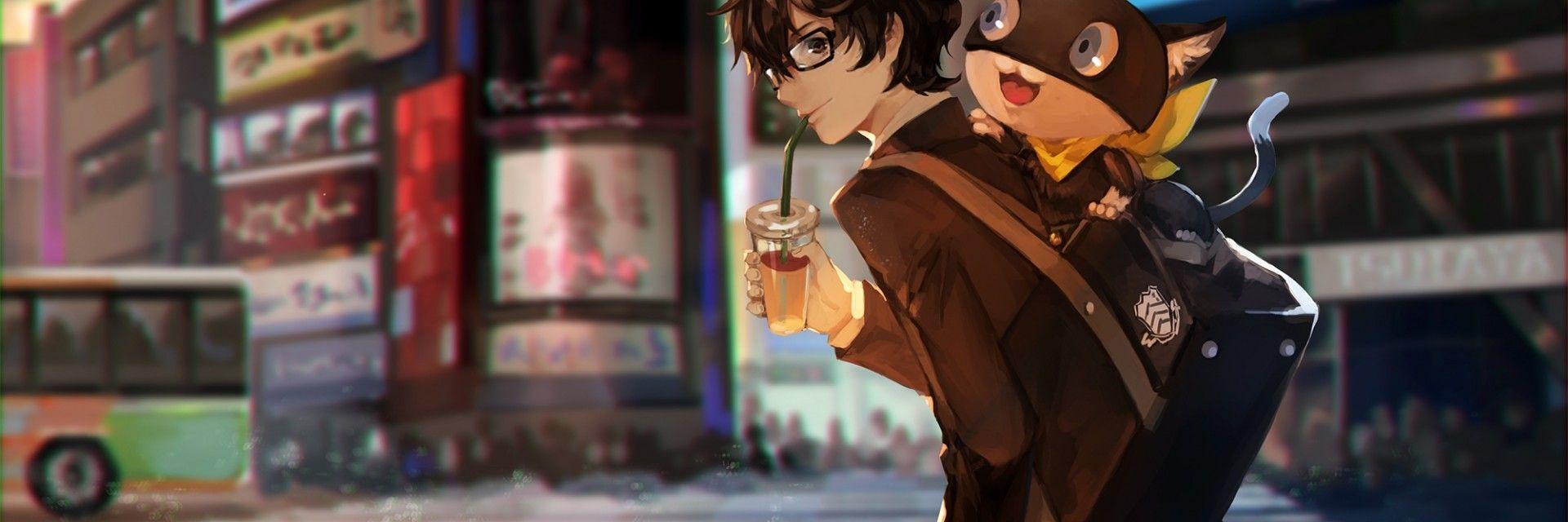 1920x640 Download 1920x640 Persona Morgana, Kurusu Akira, Glasses