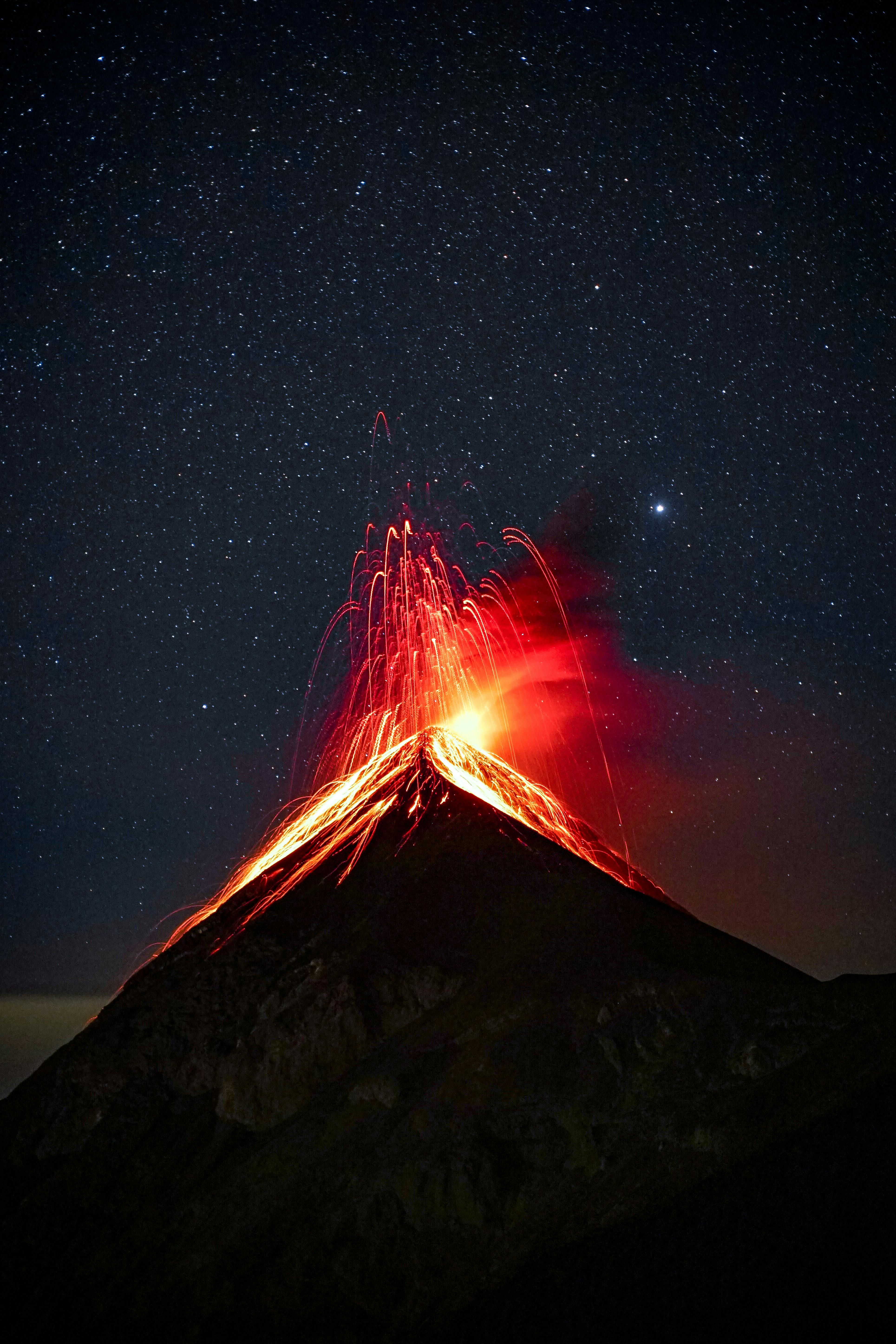 3858x5787 Volcano Erupting at Night Under Starry Sky · Free