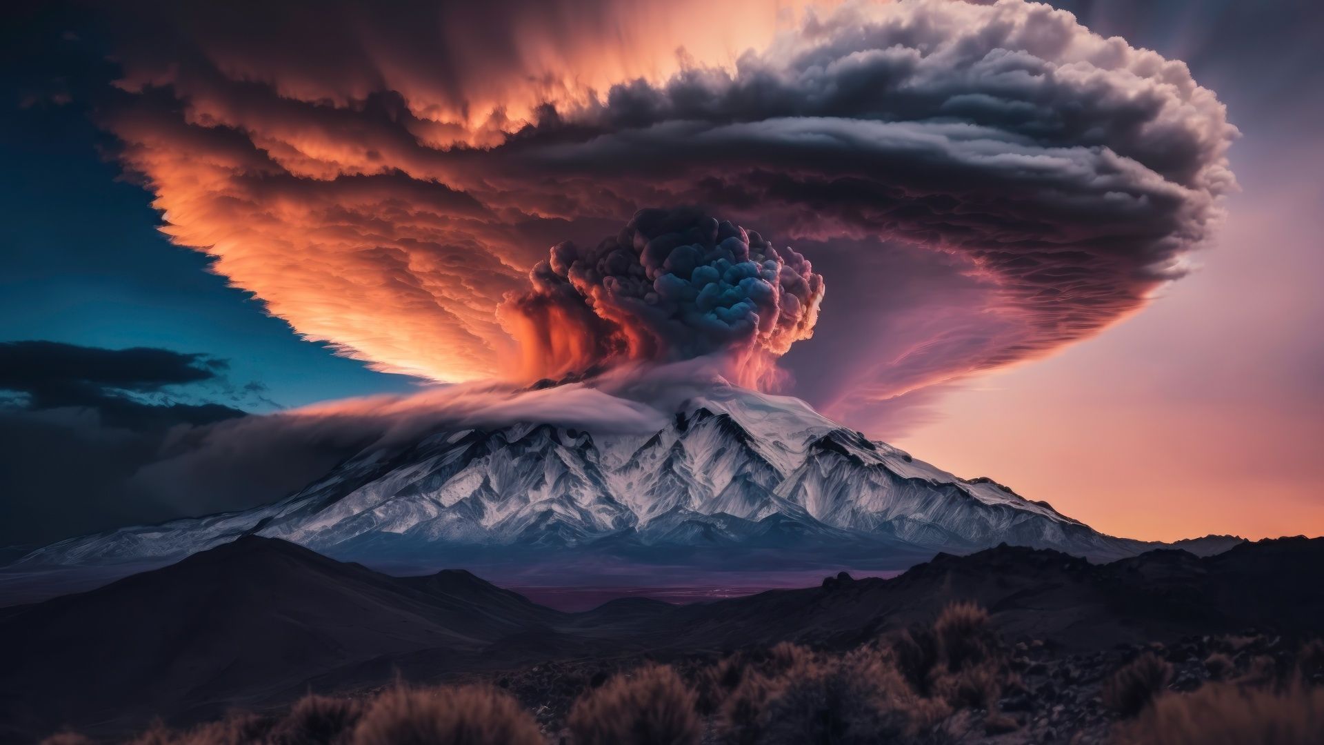 1920x1080 Volcano Wallpaper 4K, Eruption, Sunset, Surreal